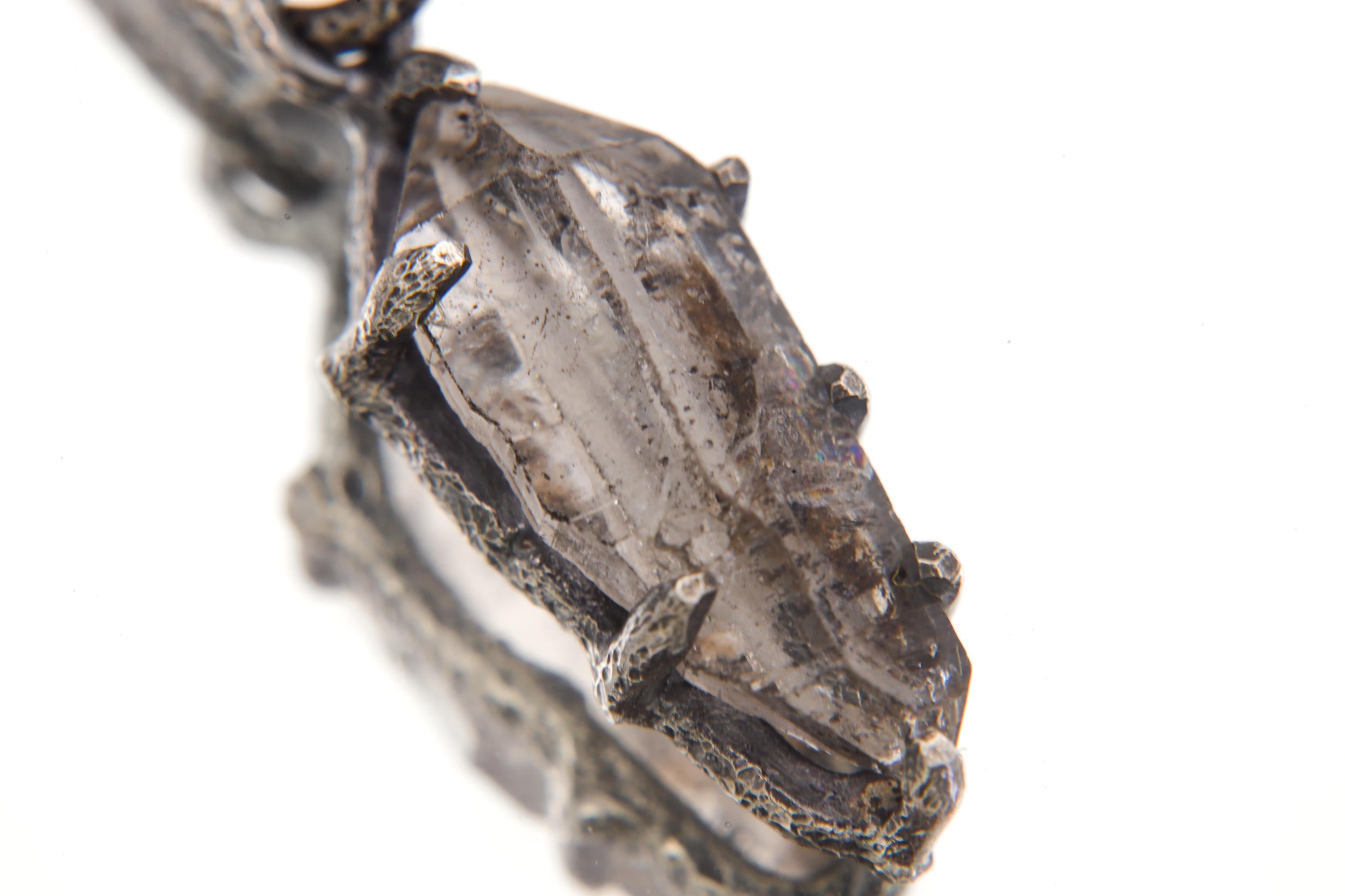 Tibetan Quartz Crystal Pendant, Oxidized Sterling Silver, Third Eye Chakra
