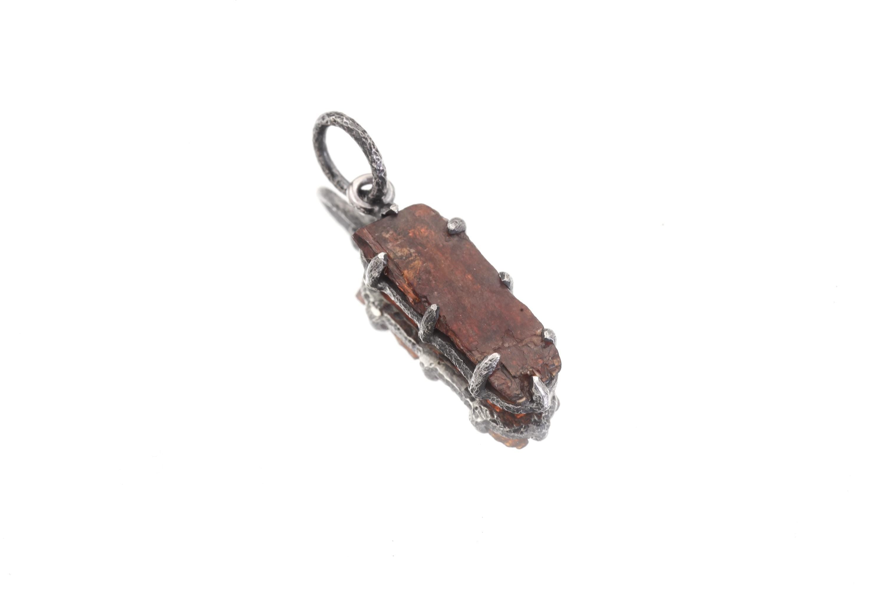 Tabular Gem Orange Kyanite Specimen Pendant, 925 Silver, Root Chakra Healing Stone, Boho Statement Pendant, Oxidized Hammer Finish