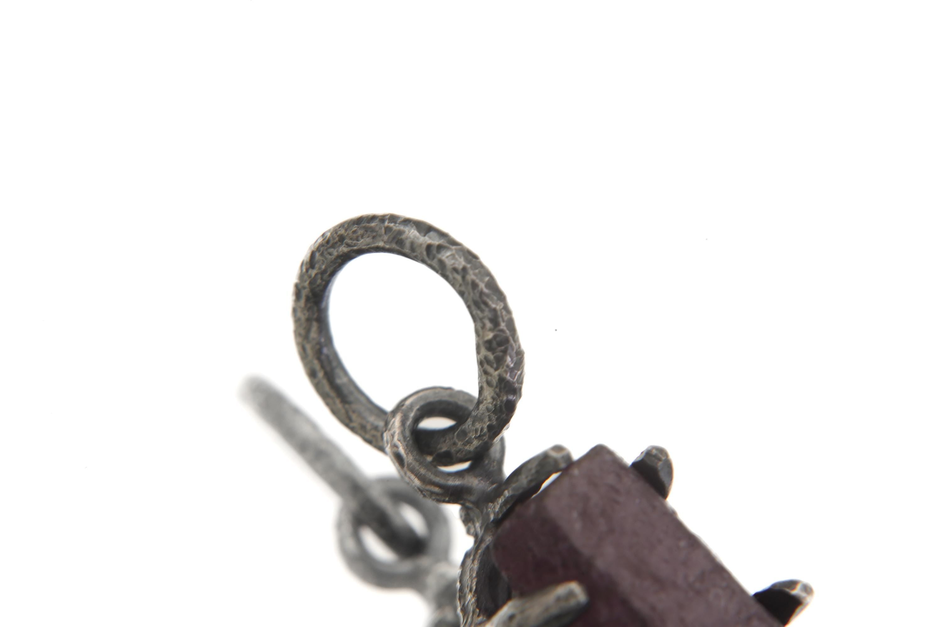 High Grade 6 Sided Natural Gem Ruby (corundum) Wand Pendant, Sterling Silver Hammered Textured & Oxidized July Birthstone Handmade Jewelry