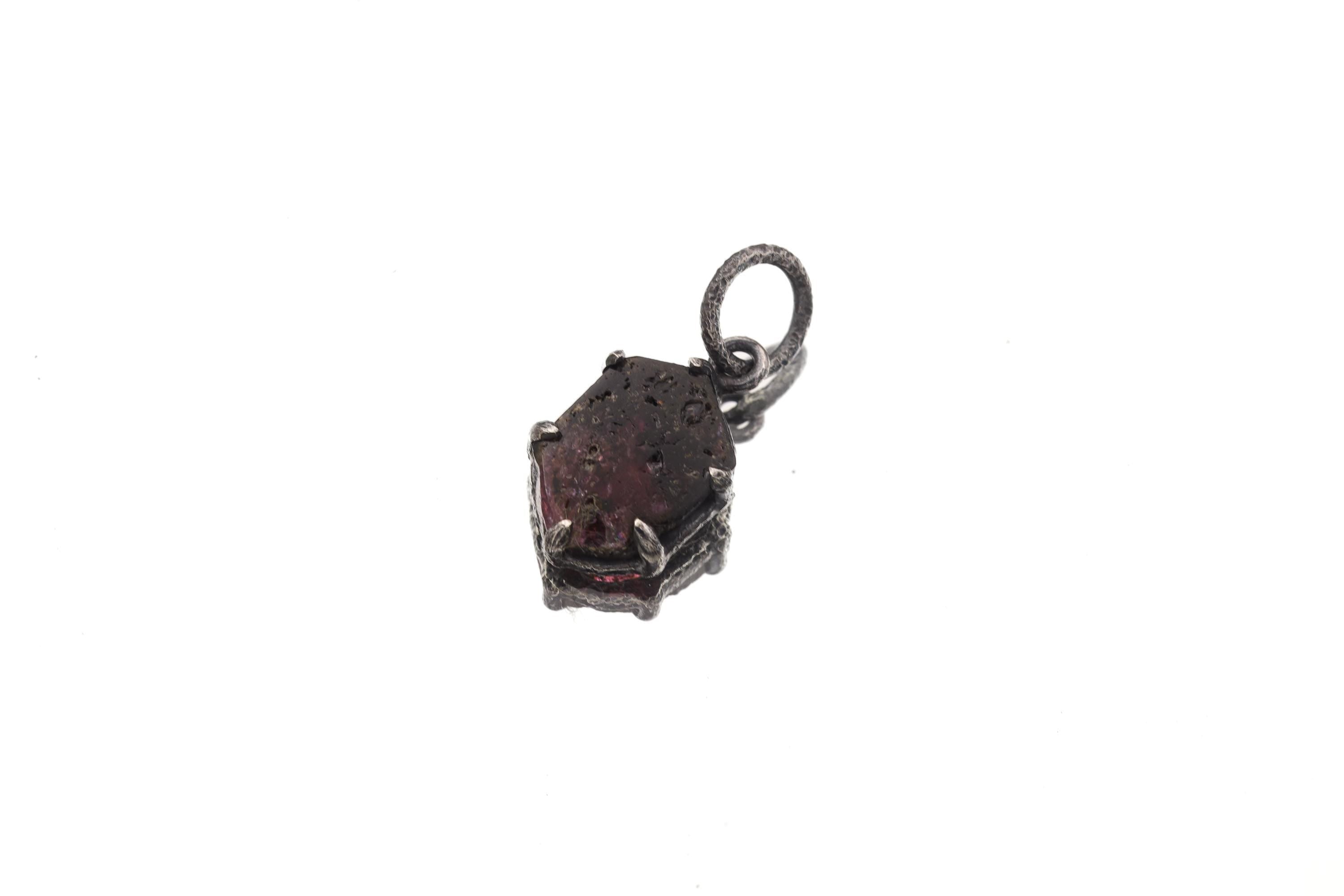 Hexagonal Polished Slice of Natural Pink Tourmaline wand specimen Pendant 925 Sterling Silver Oxidized Claw Setting Unique Gift