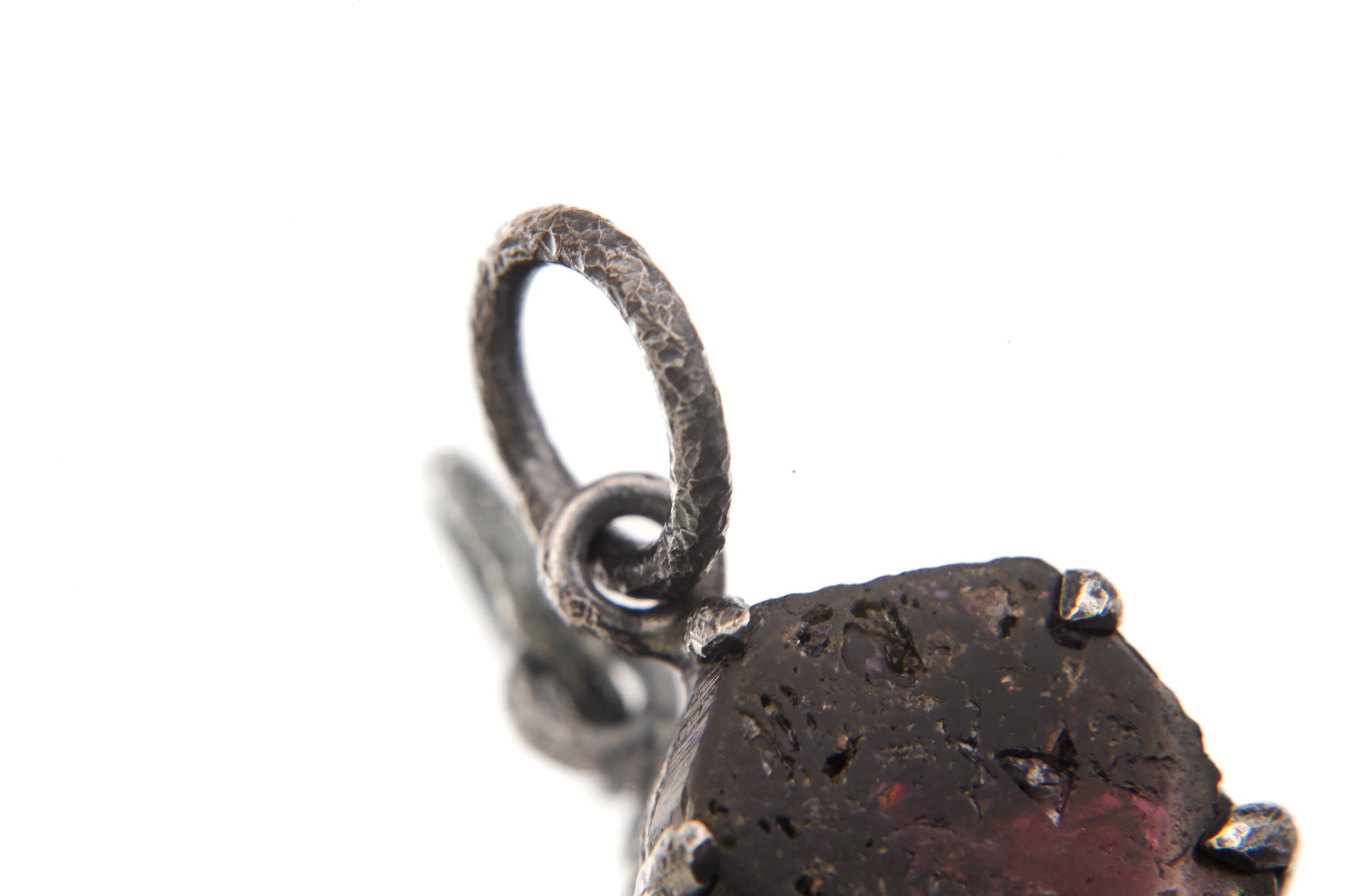 Rubellite Tourmaline Pendant, Hexagonal Slice, Oxidized Sterling Silver