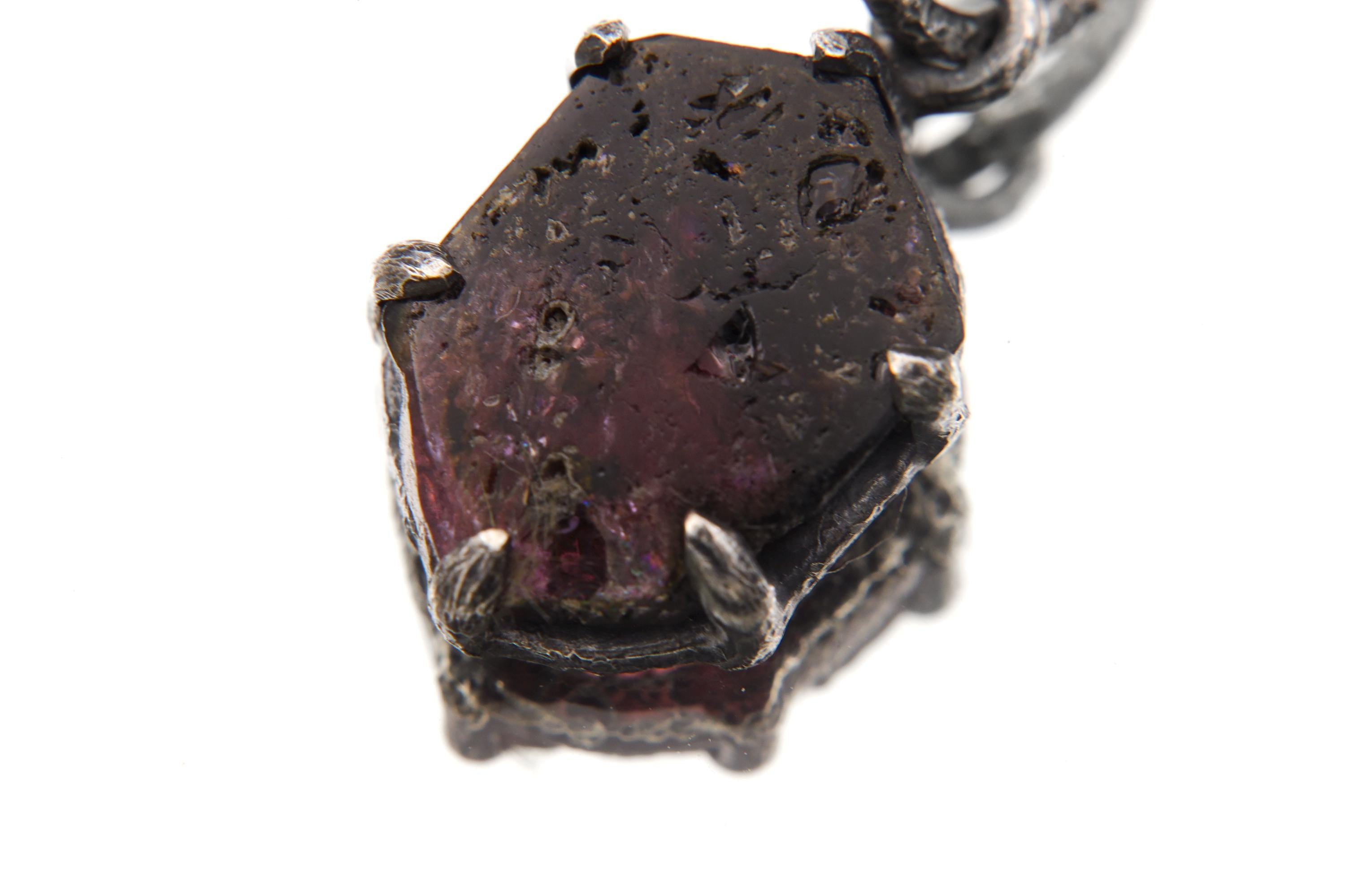 Hexagonal Polished Slice of Natural Pink Tourmaline wand specimen Pendant 925 Sterling Silver Oxidized Claw Setting Unique Gift