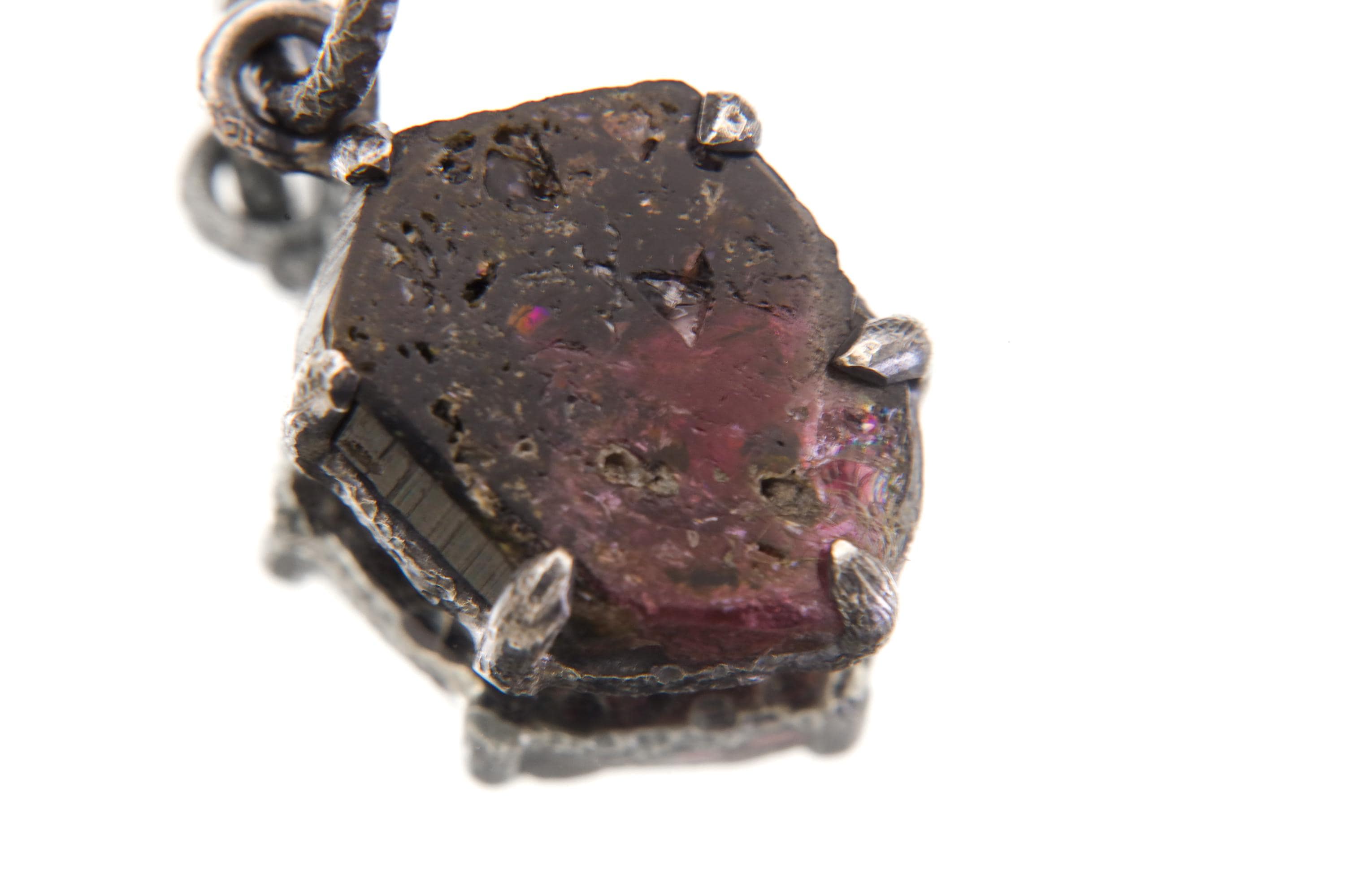 Hexagonal Polished Slice of Natural Pink Tourmaline wand specimen Pendant 925 Sterling Silver Oxidized Claw Setting Unique Gift