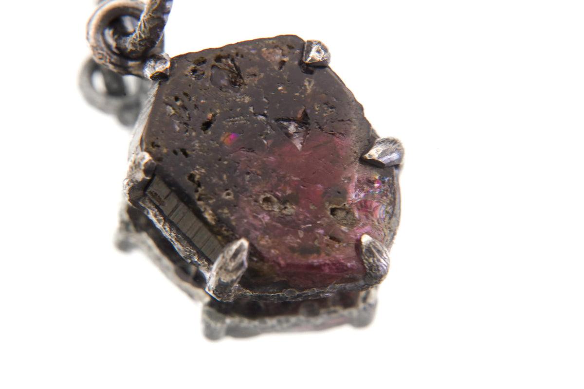 Hexagonal Polished Slice of Natural Pink Tourmaline wand specimen Pendant 925 Sterling Silver Oxidized Claw Setting Unique Gift
