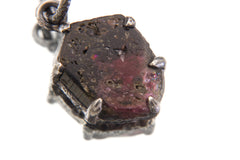 Hexagonal Polished Slice of Natural Pink Tourmaline wand specimen Pendant 925 Sterling Silver Oxidized Claw Setting Unique Gift