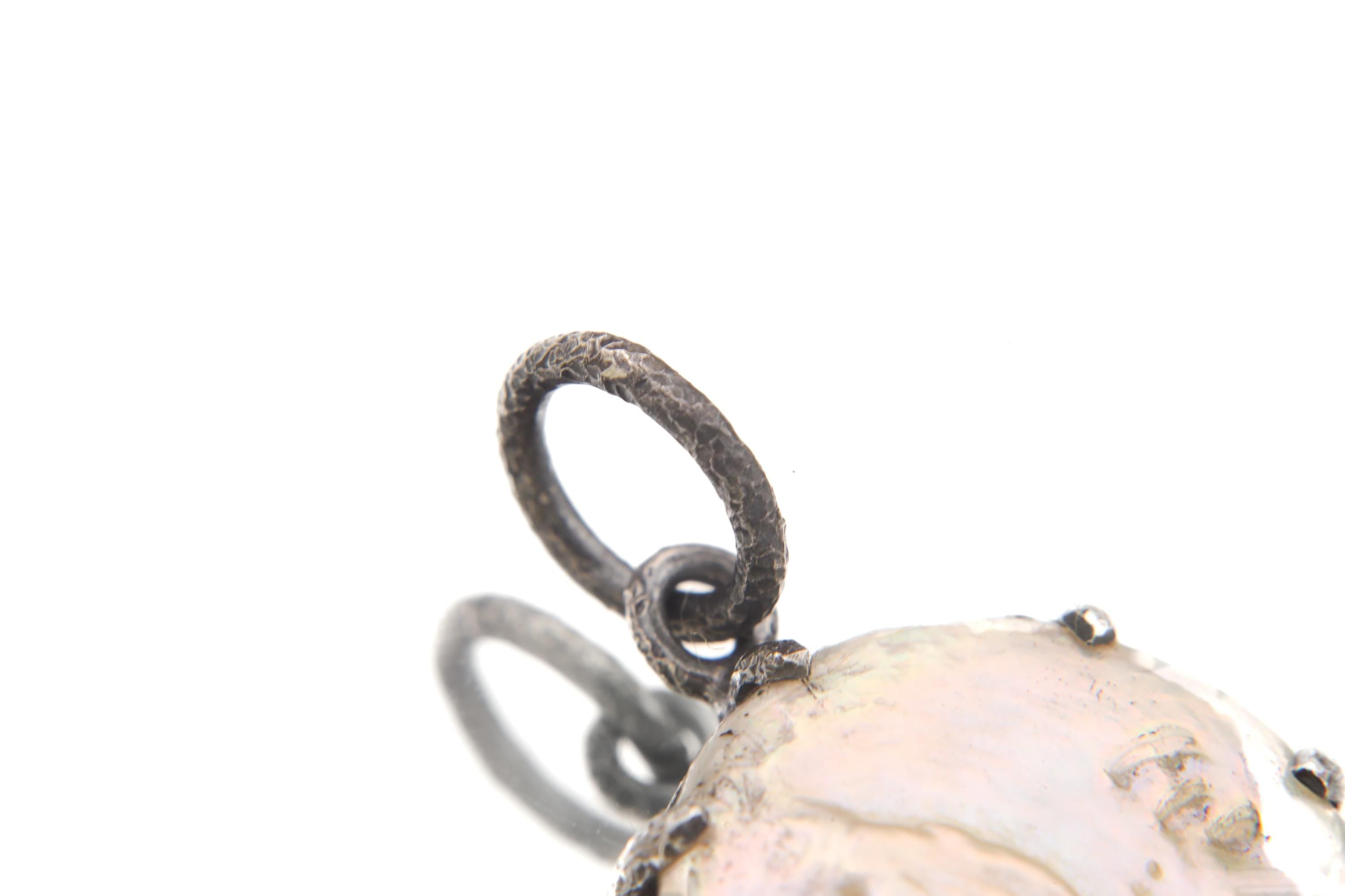 Round Pearl Disk Pendant, Natural Farmed Pearl, 925 Silver, Hammer Texture, Oxidized Finish, Moon Energy, June Birthstone Jewelry