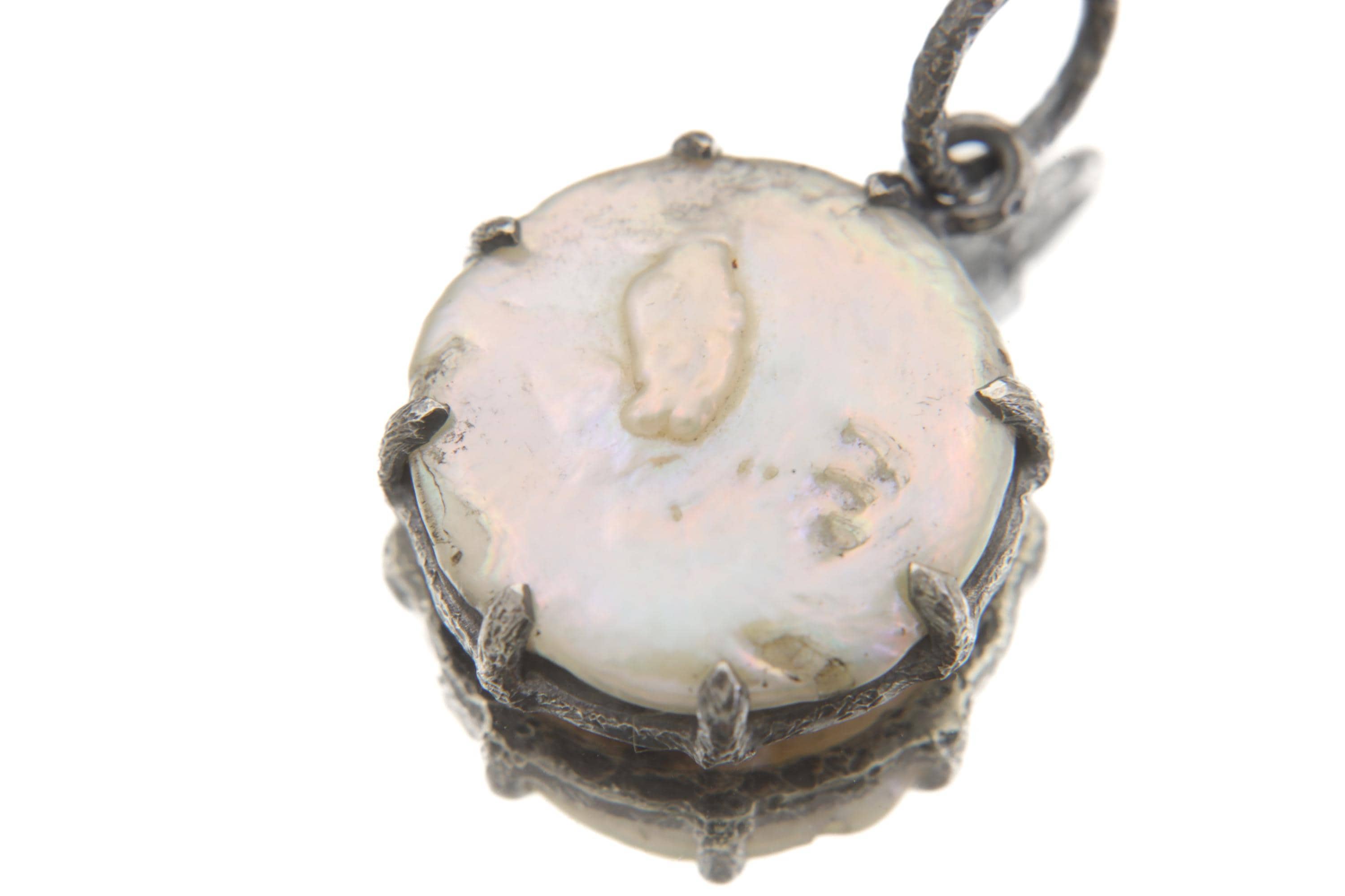 Round Pearl Disk Pendant, Natural Farmed Pearl, 925 Silver, Hammer Texture, Oxidized Finish, Moon Energy, June Birthstone Jewelry