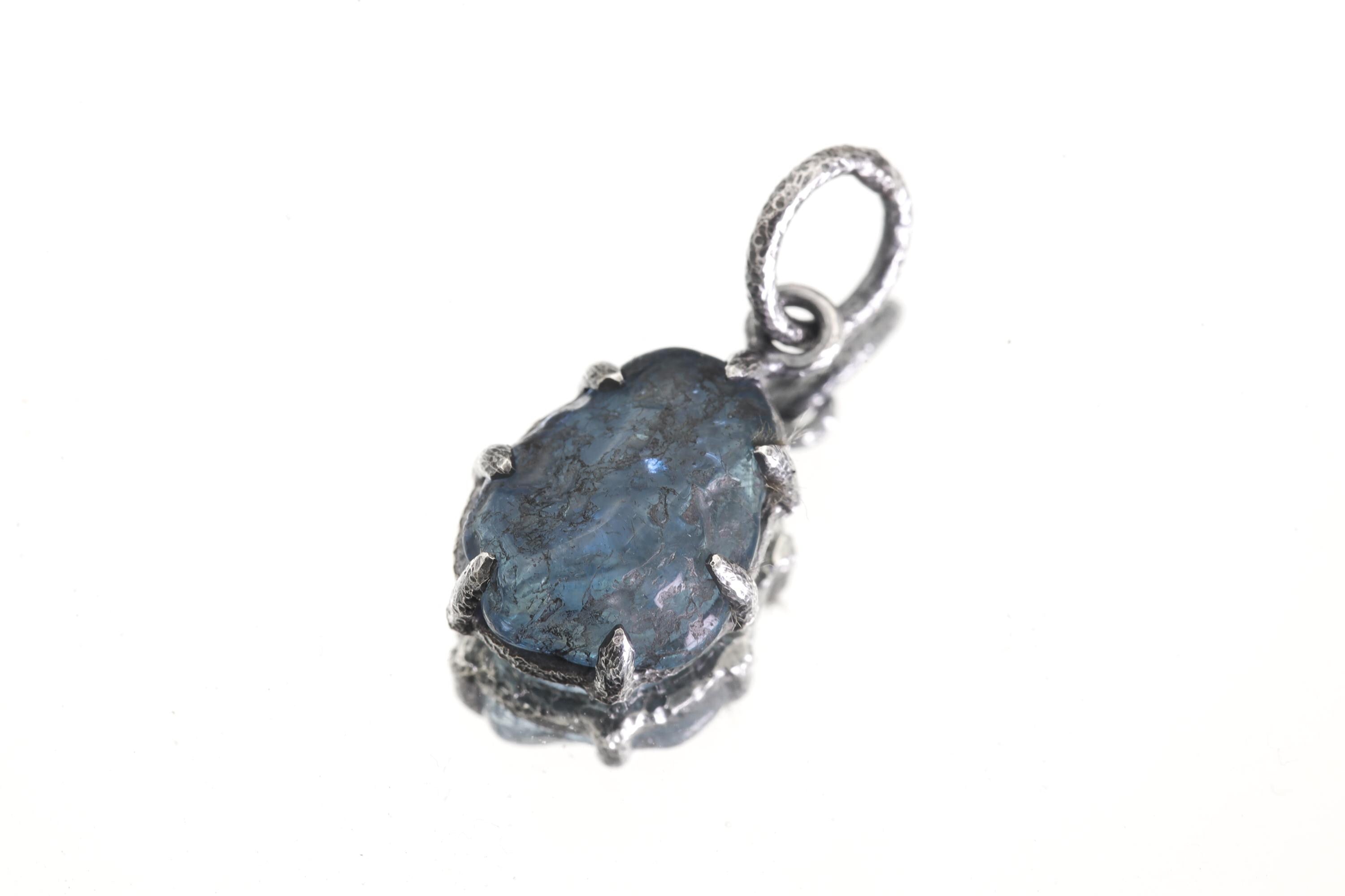 Aquamarine Pendant, Sterling Silver Claw Setting, Oxidized Finish