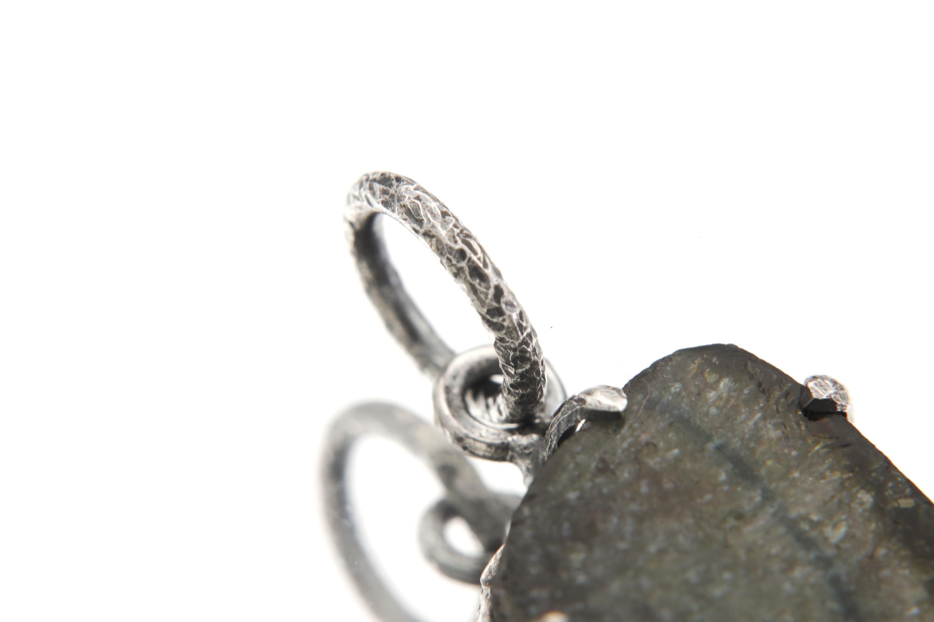 Polished Slice of Natural Green Blue Tourmaline Wand with Darker Rind Pendant, Sterling Silver Claw Setting, Oxidized, Hammered Textured