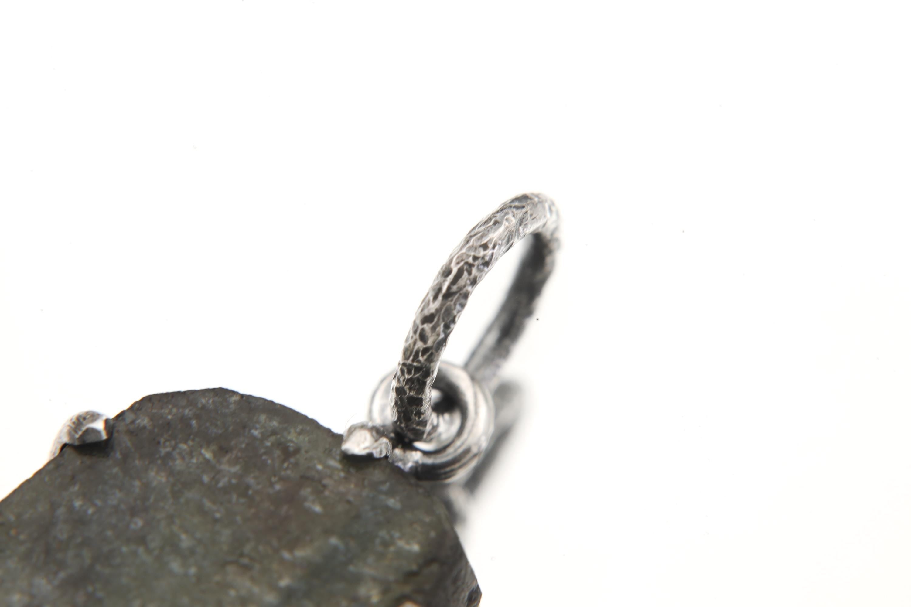 Polished Slice of Natural Green Blue Tourmaline Wand with Darker Rind Pendant, Sterling Silver Claw Setting, Oxidized, Hammered Textured