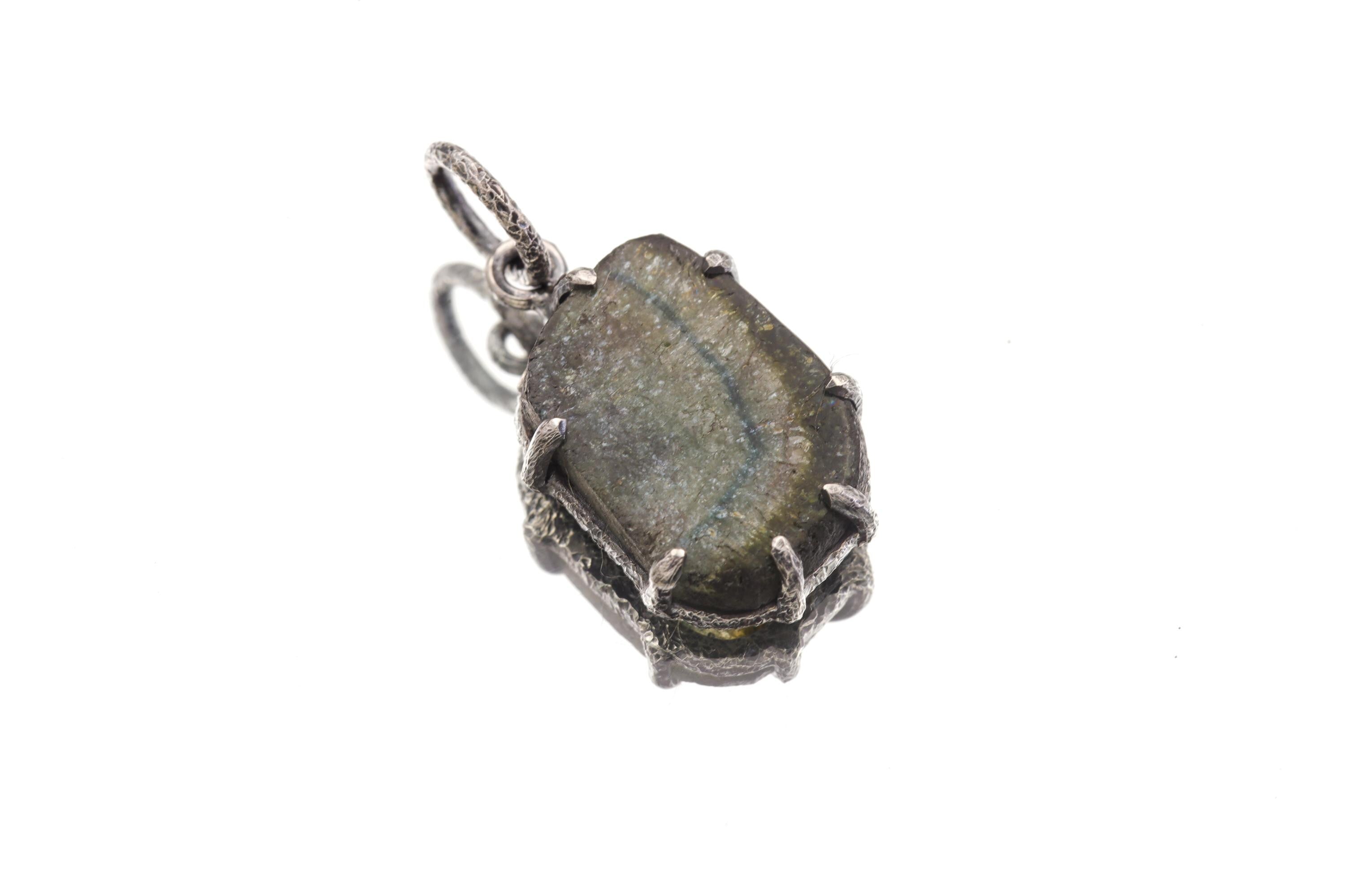 Green Blue Tourmaline Slice Pendant, Oxidized Sterling Silver Claw Setting