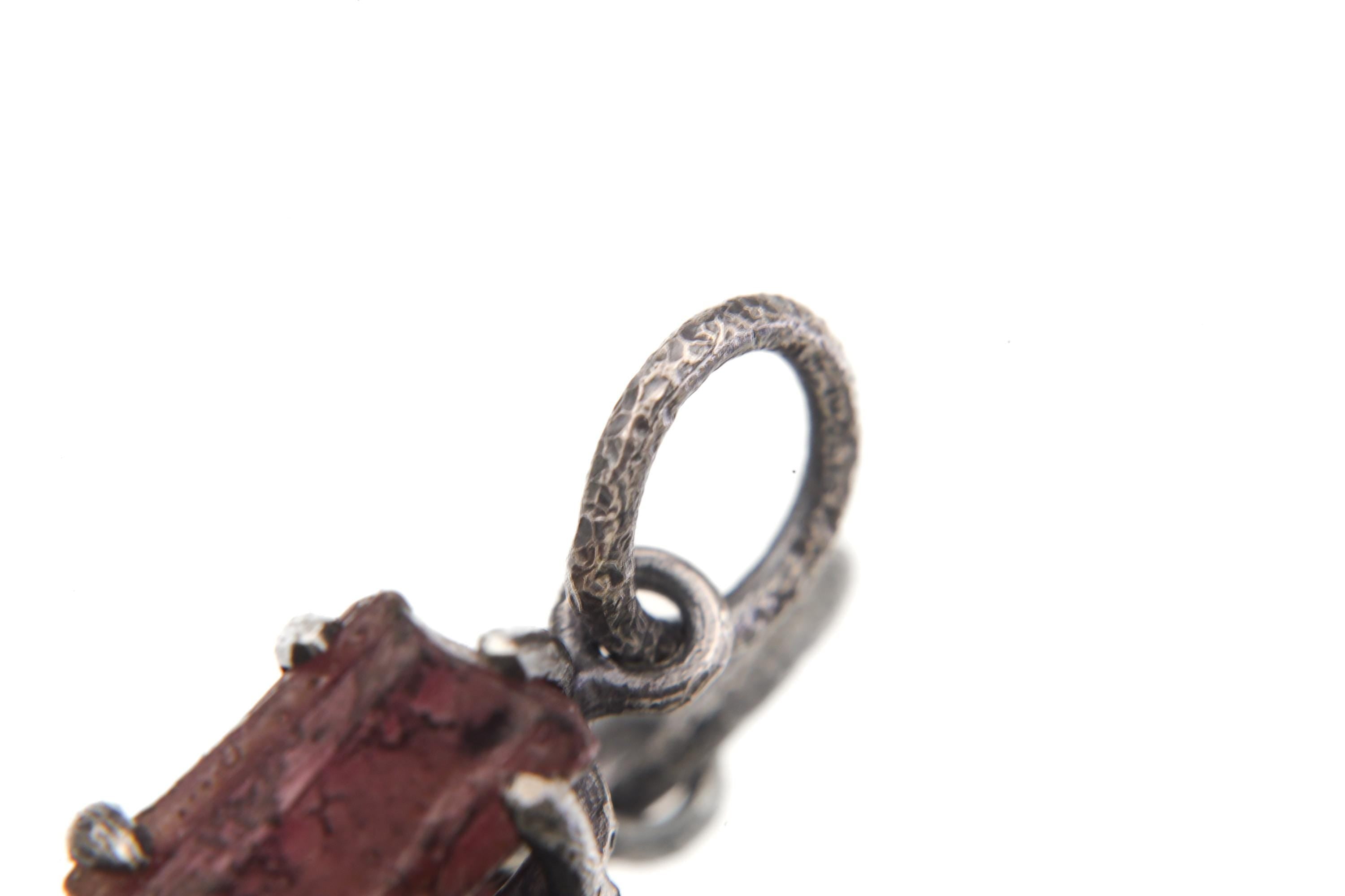 Natural Gem Pink tourmaline (Rubellite) wand Pendant, Sterling Silver Claw Setting, Hammer Texture, Heart Chakra, Handmade Healing Jewelry