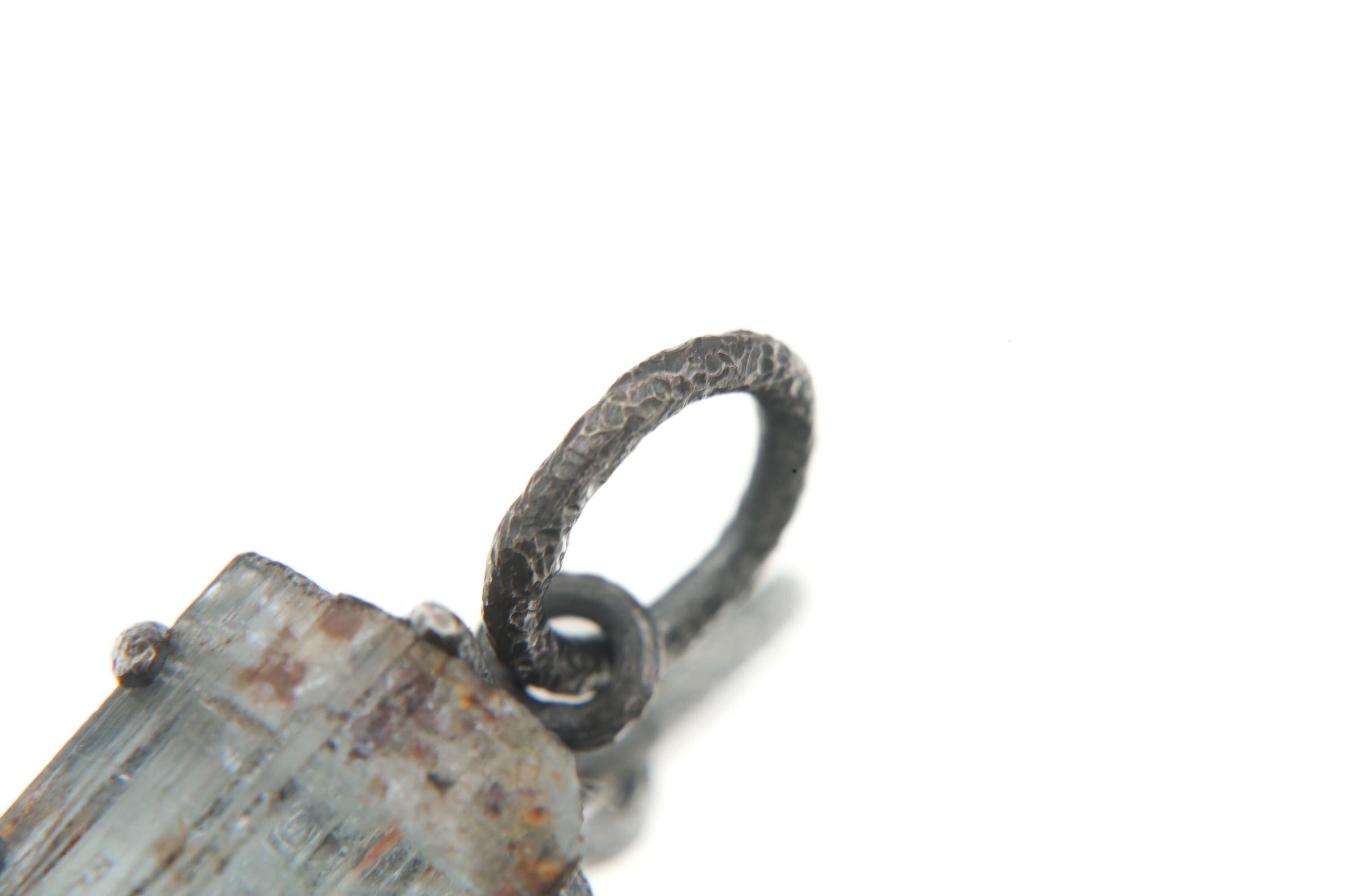 Raw Aquamarine Wand Pendant, Sterling Silver, Oxidized Texture