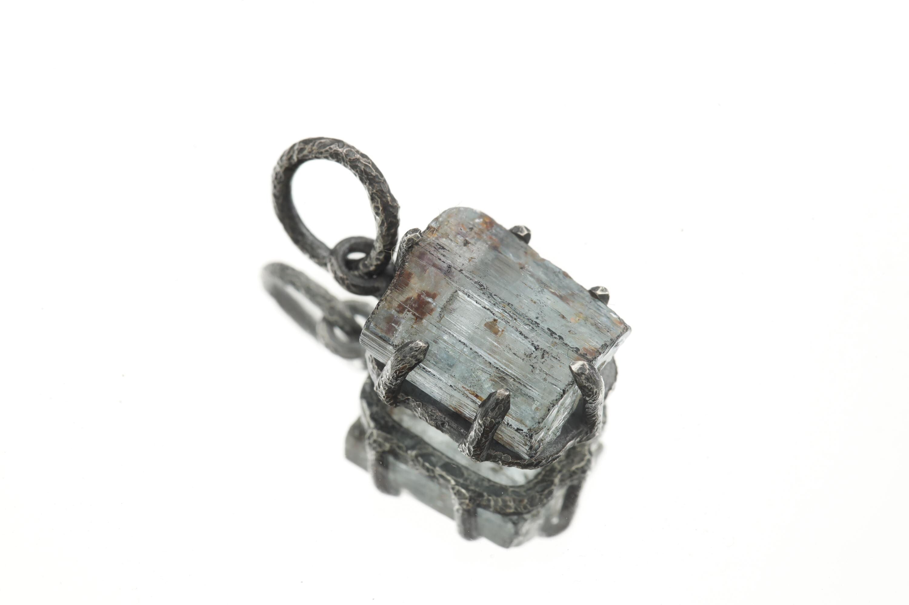 Raw Aquamarine Wand Pendant, Sterling Silver, Oxidized Texture