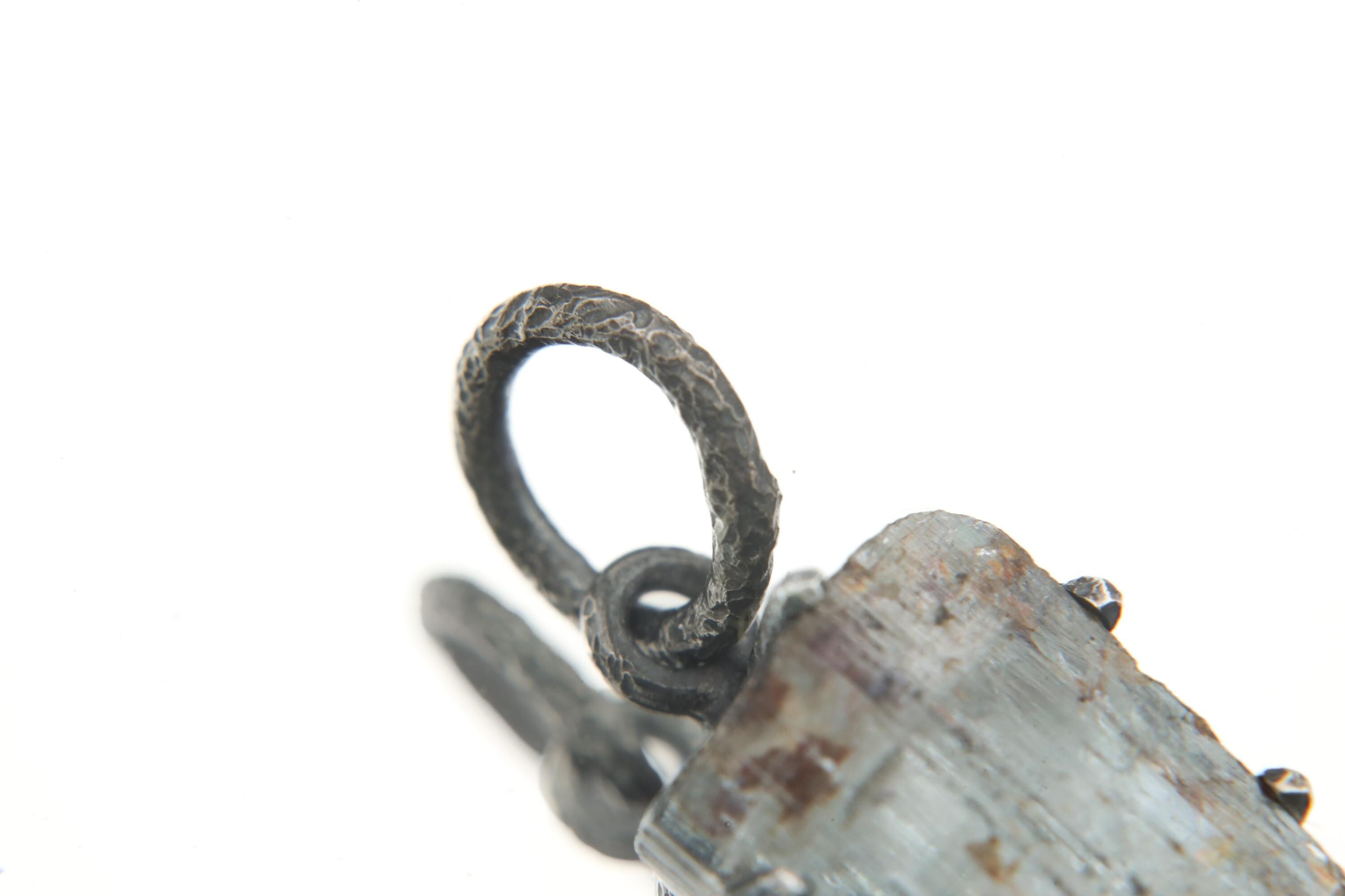 Raw Aquamarine Wand Pendant, Sterling Silver, Oxidized Texture