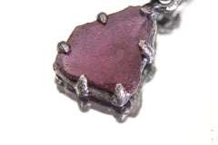 Polished Slice of High-Grade Natural Pink Tourmaline Wand with Darker Rind Pendant Sterling Silver Claw Setting Oxidized Finish