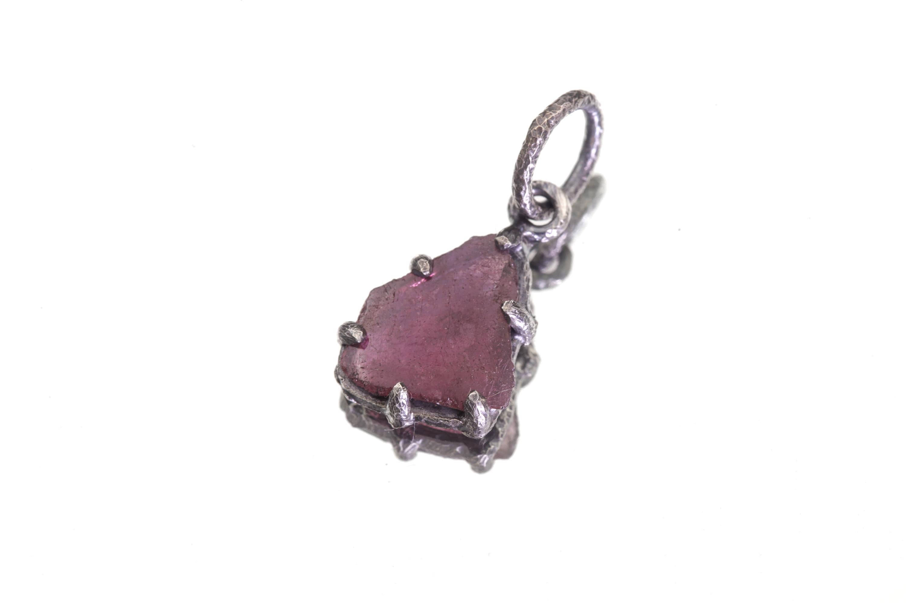 Polished Slice of High-Grade Natural Pink Tourmaline Wand with Darker Rind Pendant Sterling Silver Claw Setting Oxidized Finish