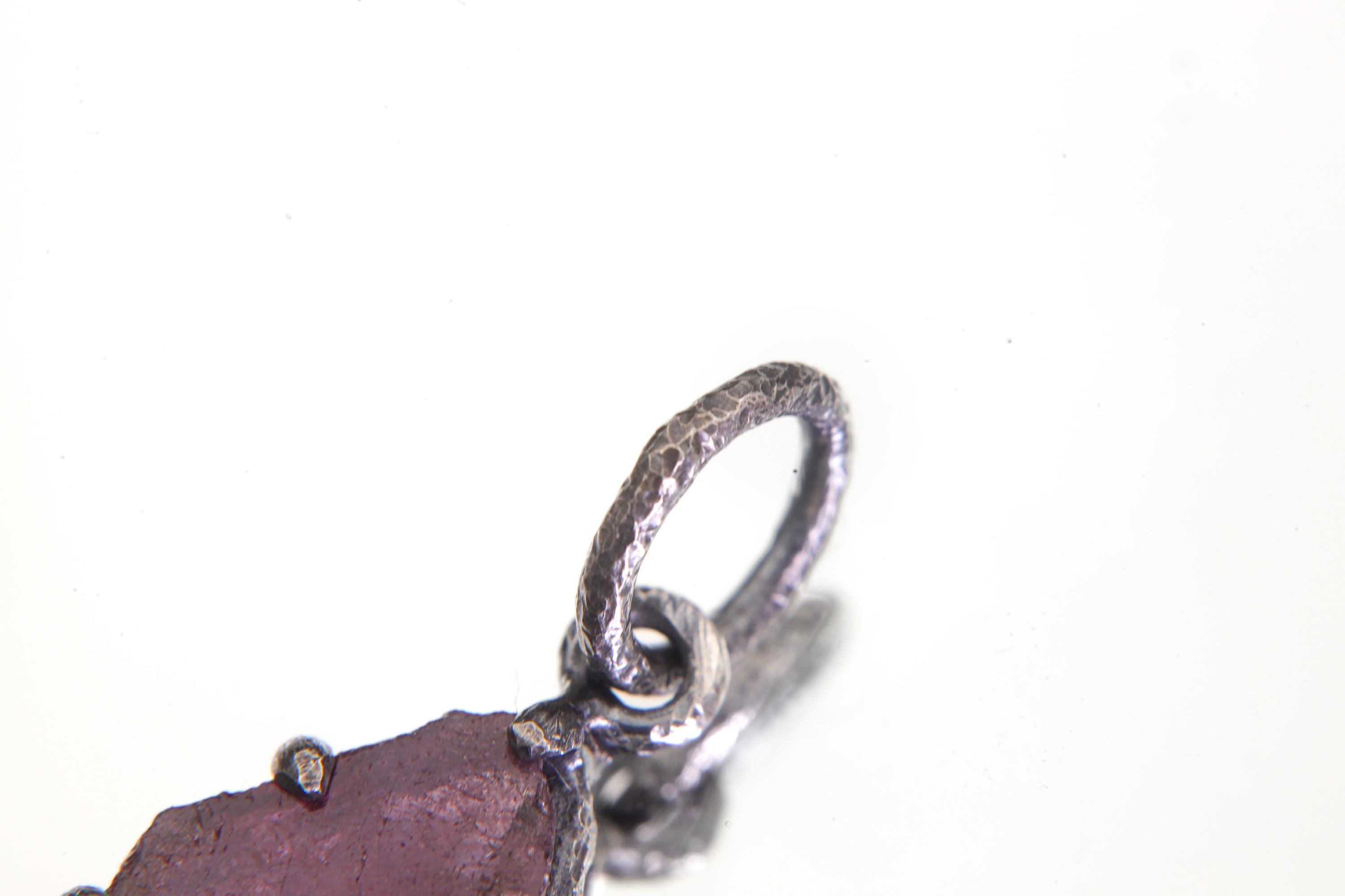 Polished Slice of High-Grade Natural Pink Tourmaline Wand with Darker Rind Pendant Sterling Silver Claw Setting Oxidized Finish