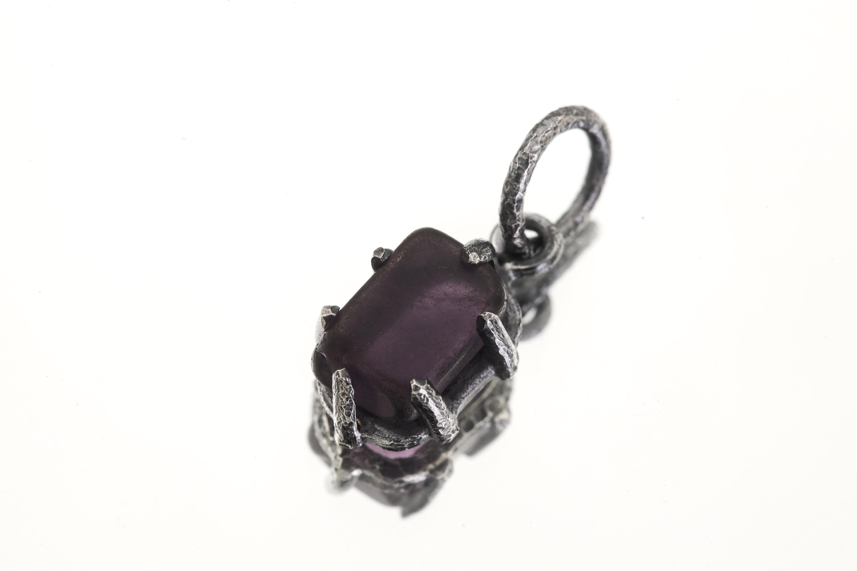 Semi Polished Facet Grade Natural Amethyst Cube Pendant, Sterling Silver Claw Frame, Hammer Textured Oxidized Healing Crystal Jewelry Gift