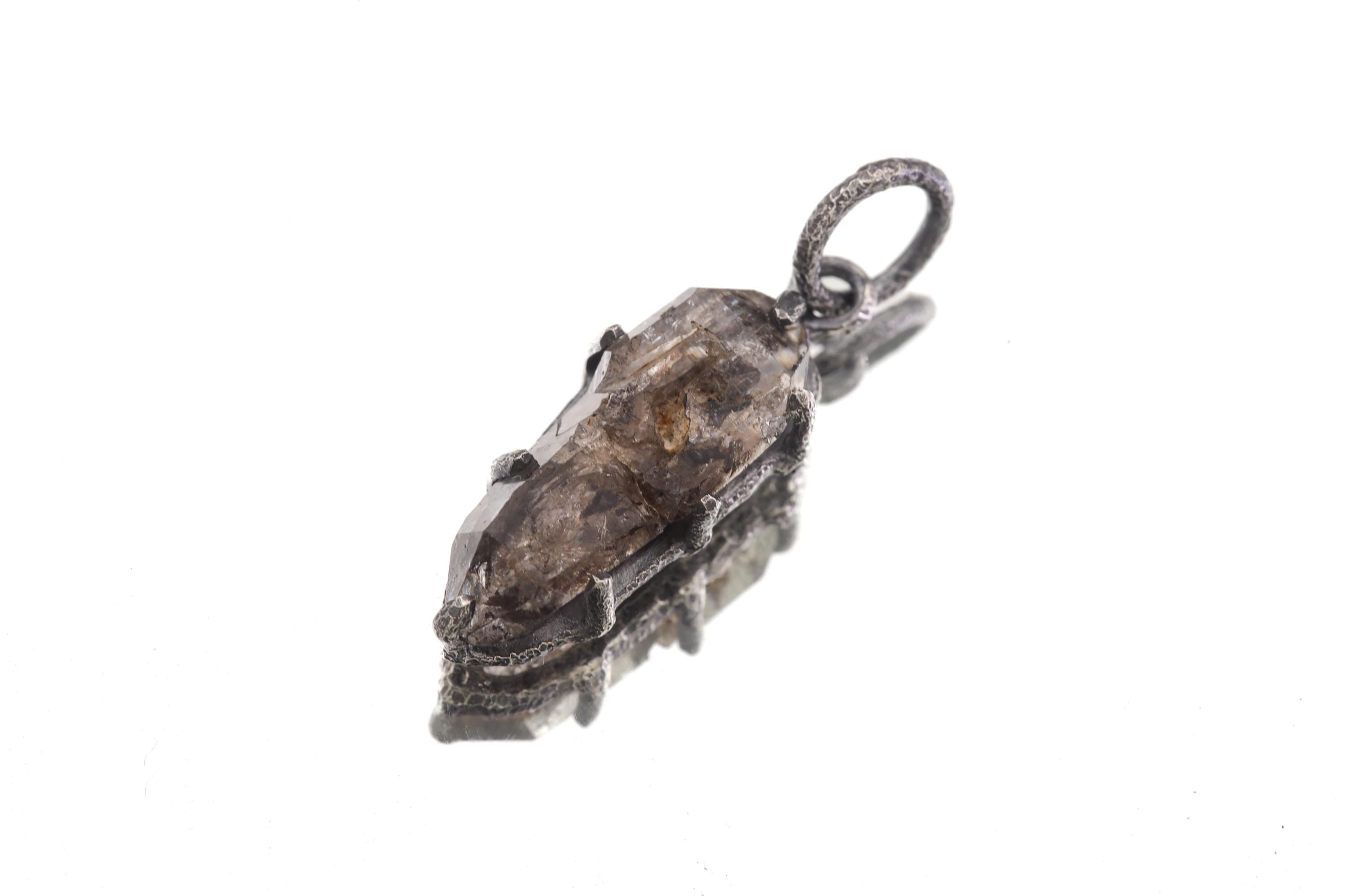 Tibetan Double Terminated Anhydro Carbon Inclusion Quartz Specimen Pendant, Raw Crystal, Sterling Silver Claw Setting, Oxidized Finish