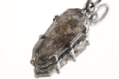 Tibetan Double Terminated Anhydro Carbon Inclusion Quartz Specimen Pendant, Raw Crystal, Sterling Silver Claw Setting, Oxidized Finish