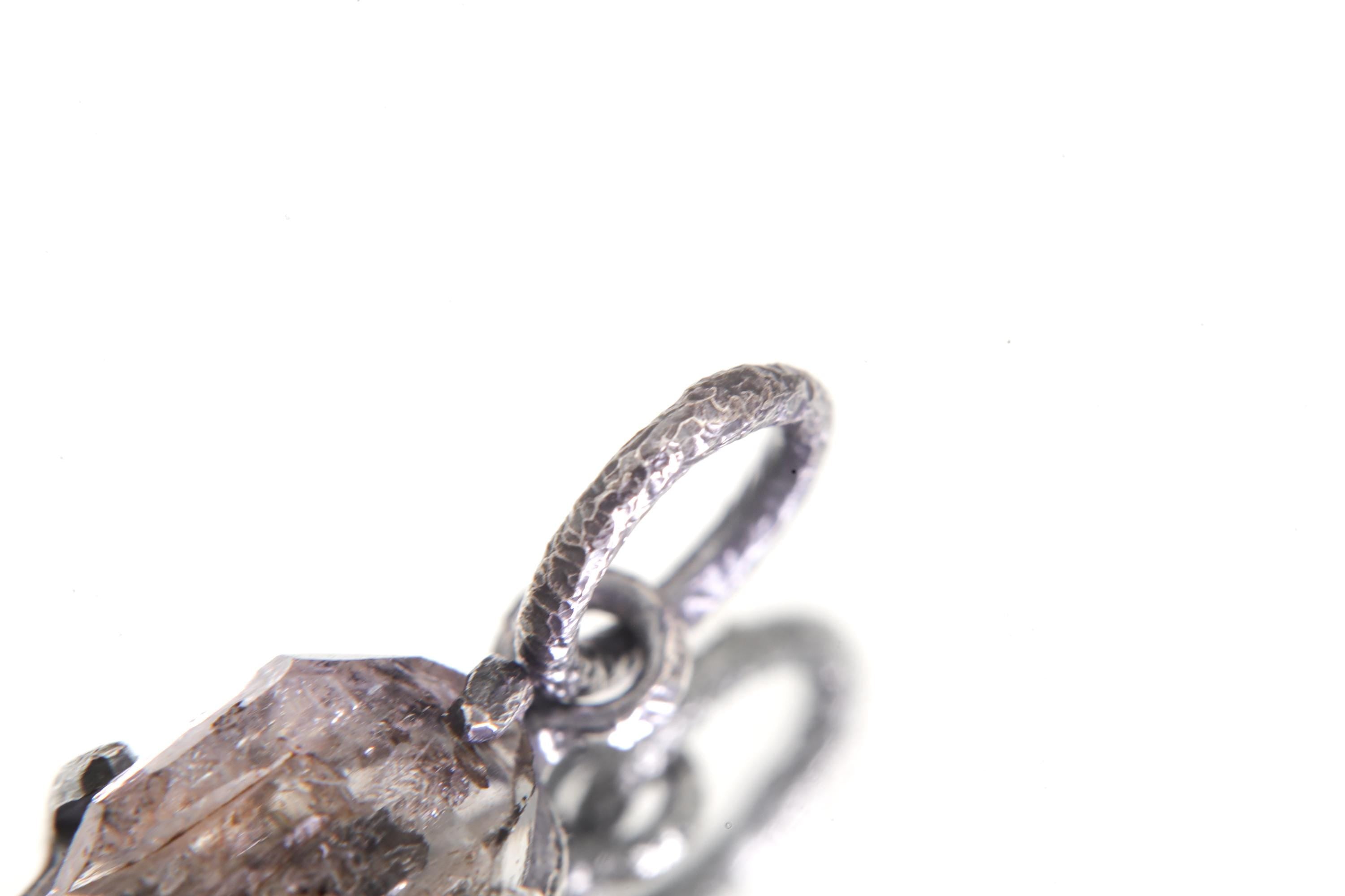 Tibetan Double Terminated Anhydro Carbon Inclusion Quartz Specimen Pendant, Raw Crystal, Sterling Silver Claw Setting, Oxidized Finish