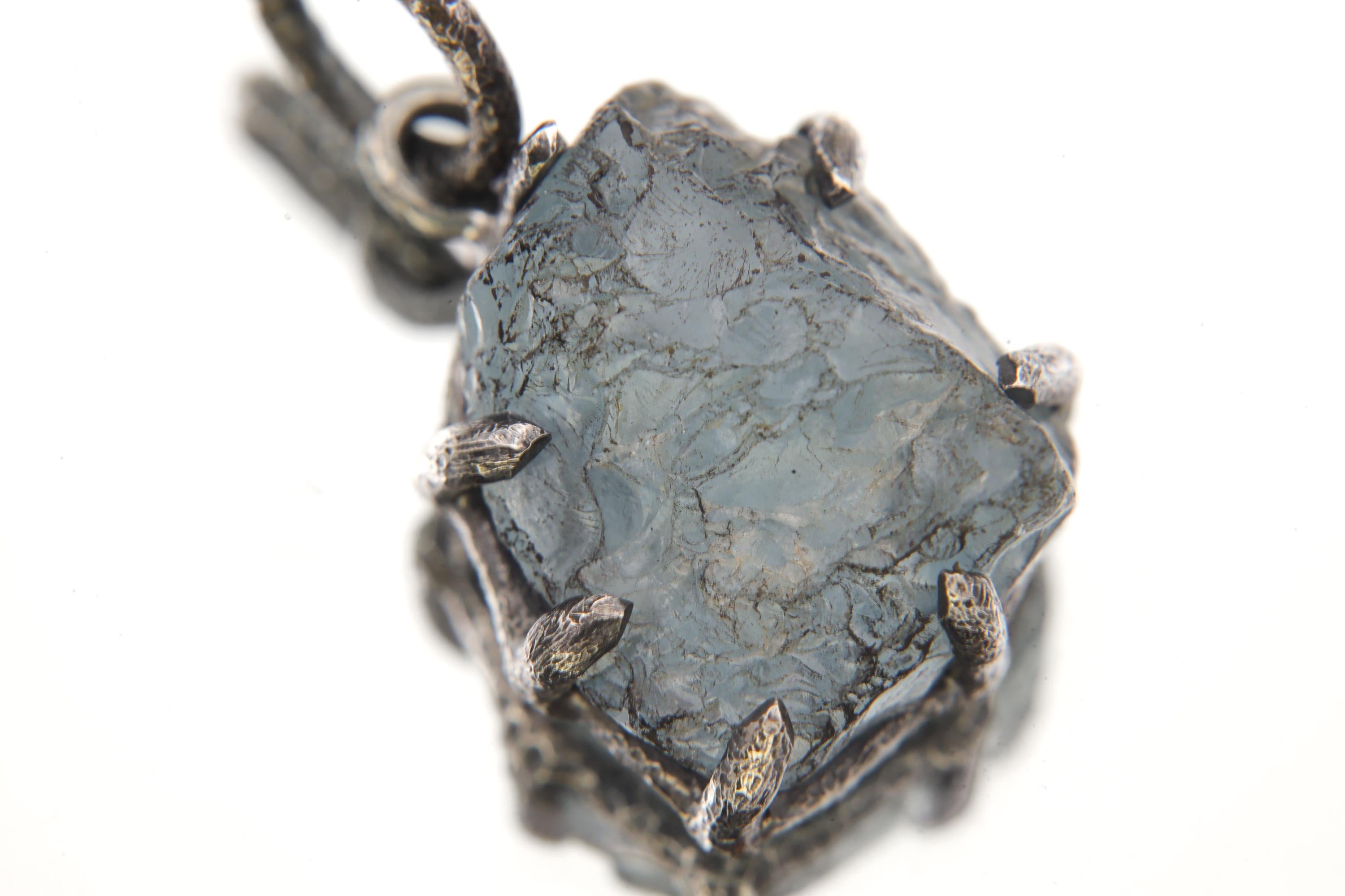 Raw Aquamarine Chunk Pendant, Oxidized Sterling Silver, Hammered Texture