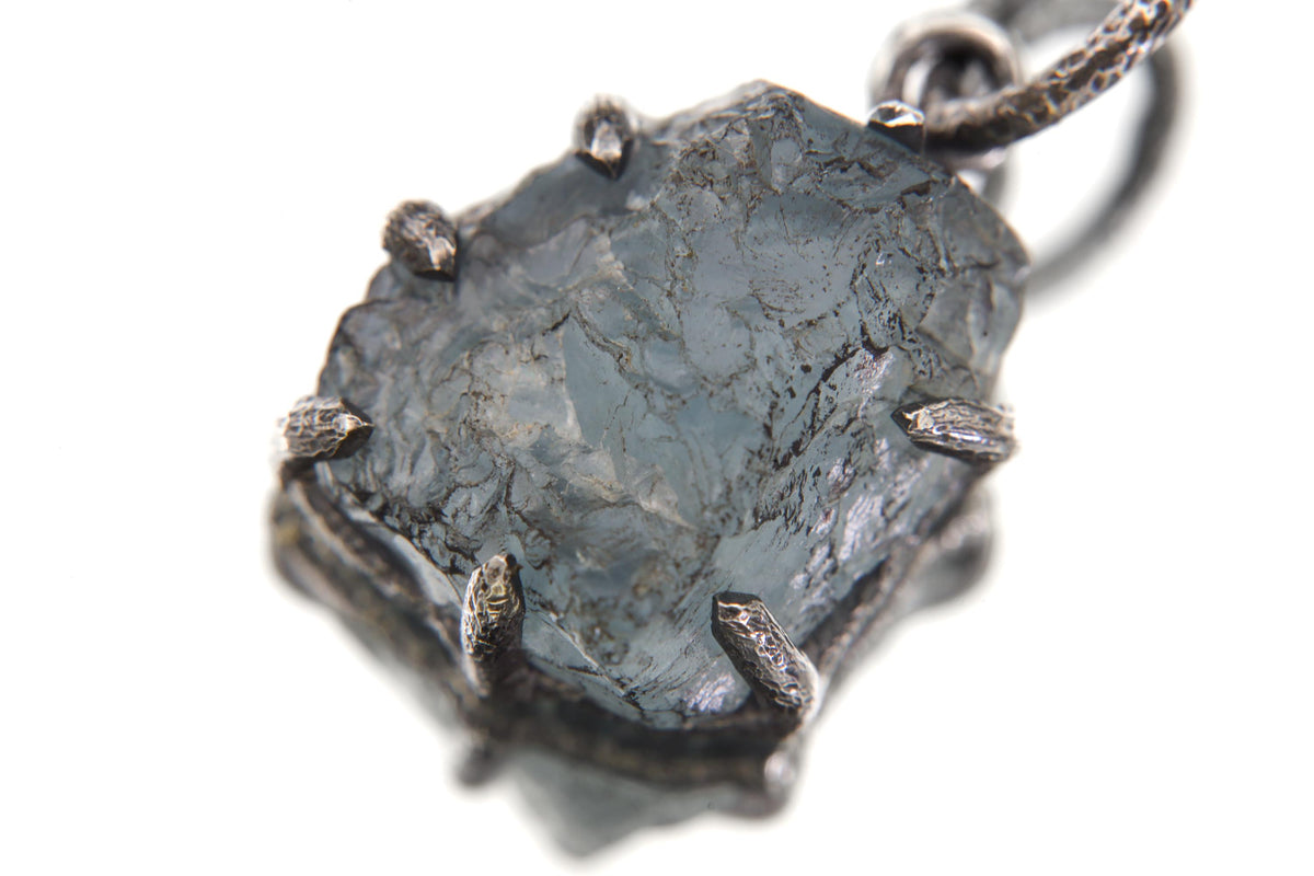 Dark Blue Facet Grade Natural Gem Aquamarine Chunk Pendant Sterling Silver Claw Setting, Hammer Texture, Oxidized Finish, March Birthstone