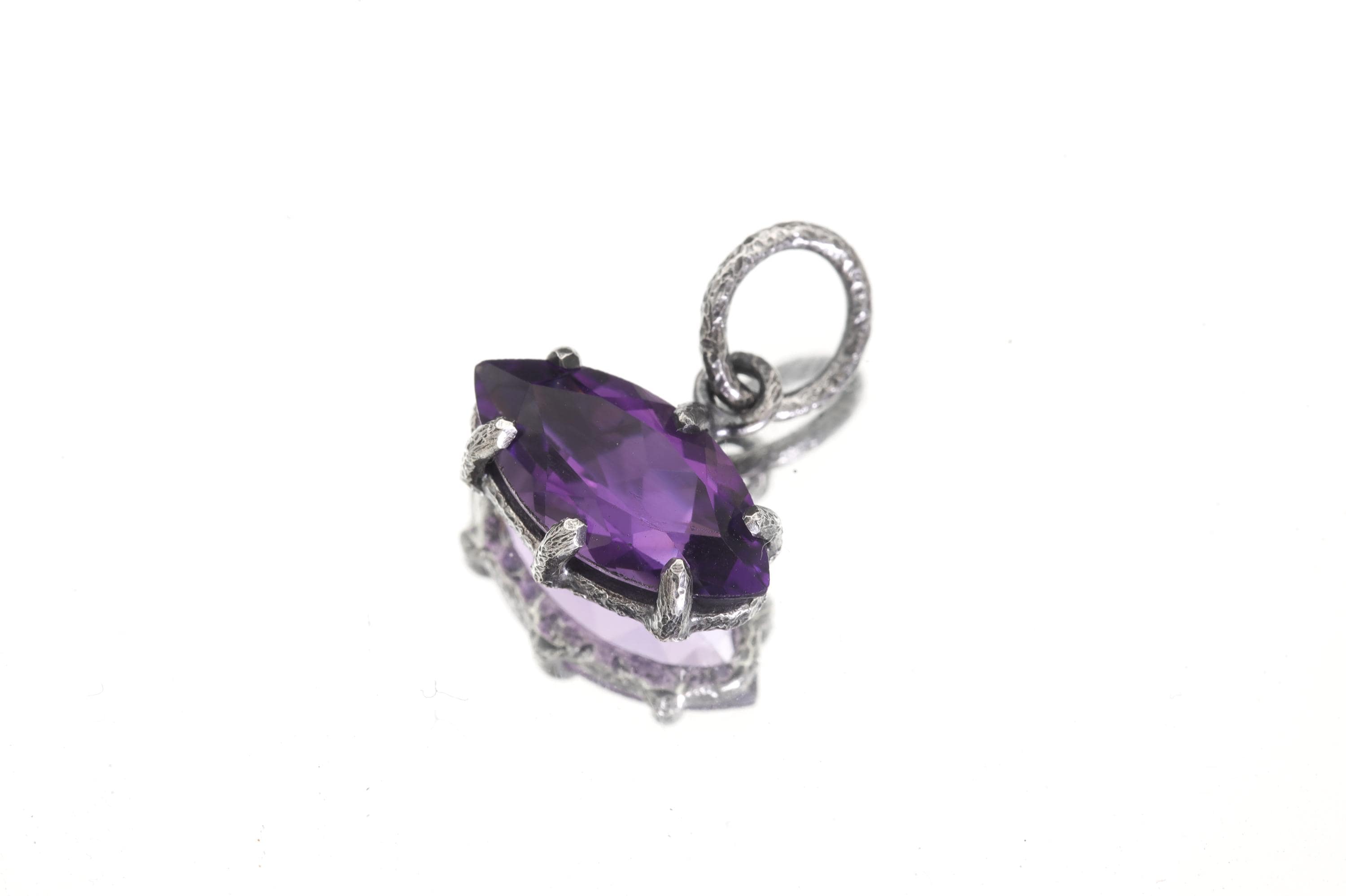 Facet Cut Eye Shaped Natural High Grade Dark Purple Amethyst 925 Silver Oxidized Hammer Texture Healing Crystal Jewelry, Crown Chakra Gift