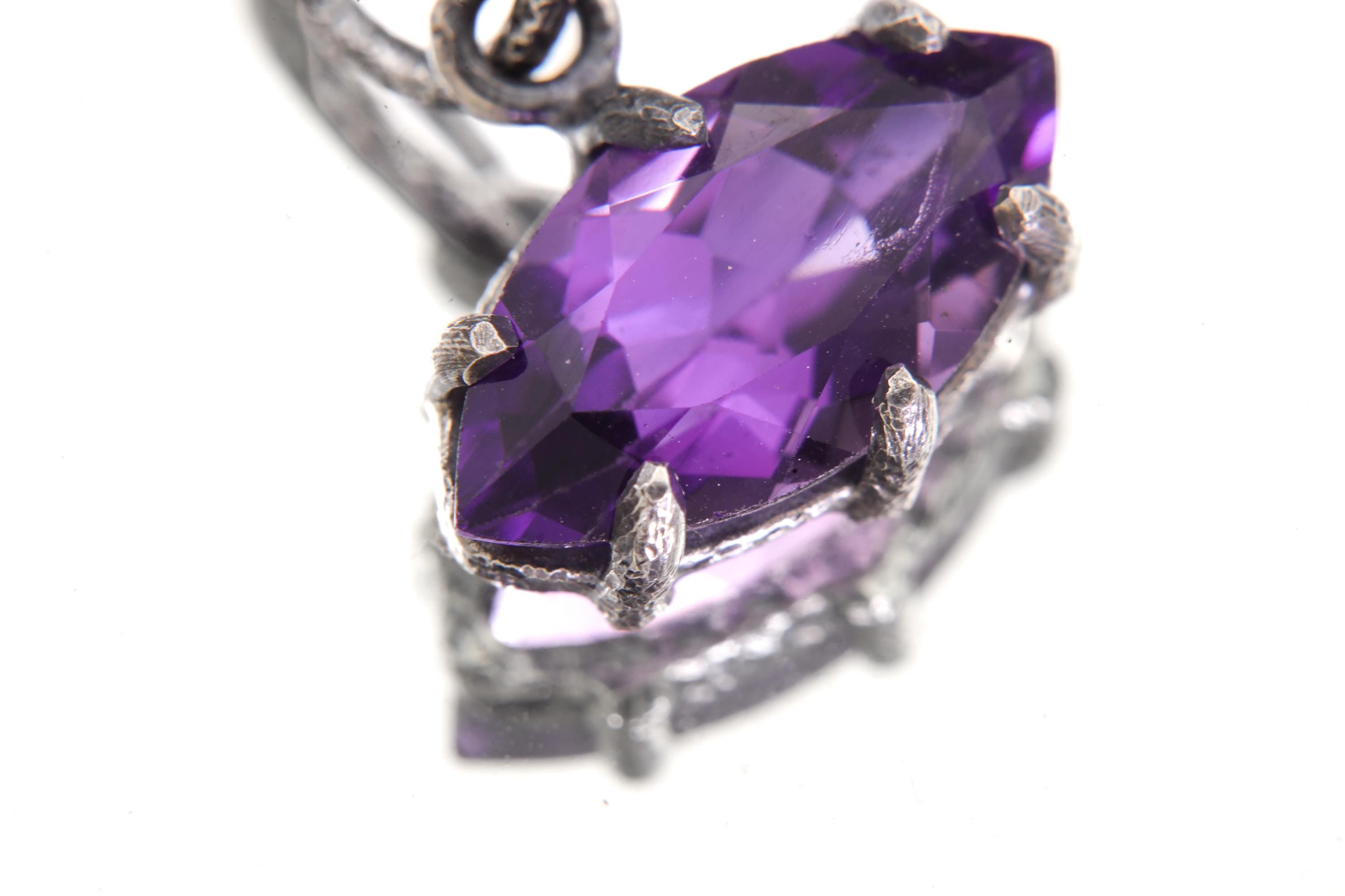 Facet Cut Eye Shaped Natural High Grade Dark Purple Amethyst 925 Silver Oxidized Hammer Texture Healing Crystal Jewelry, Crown Chakra Gift