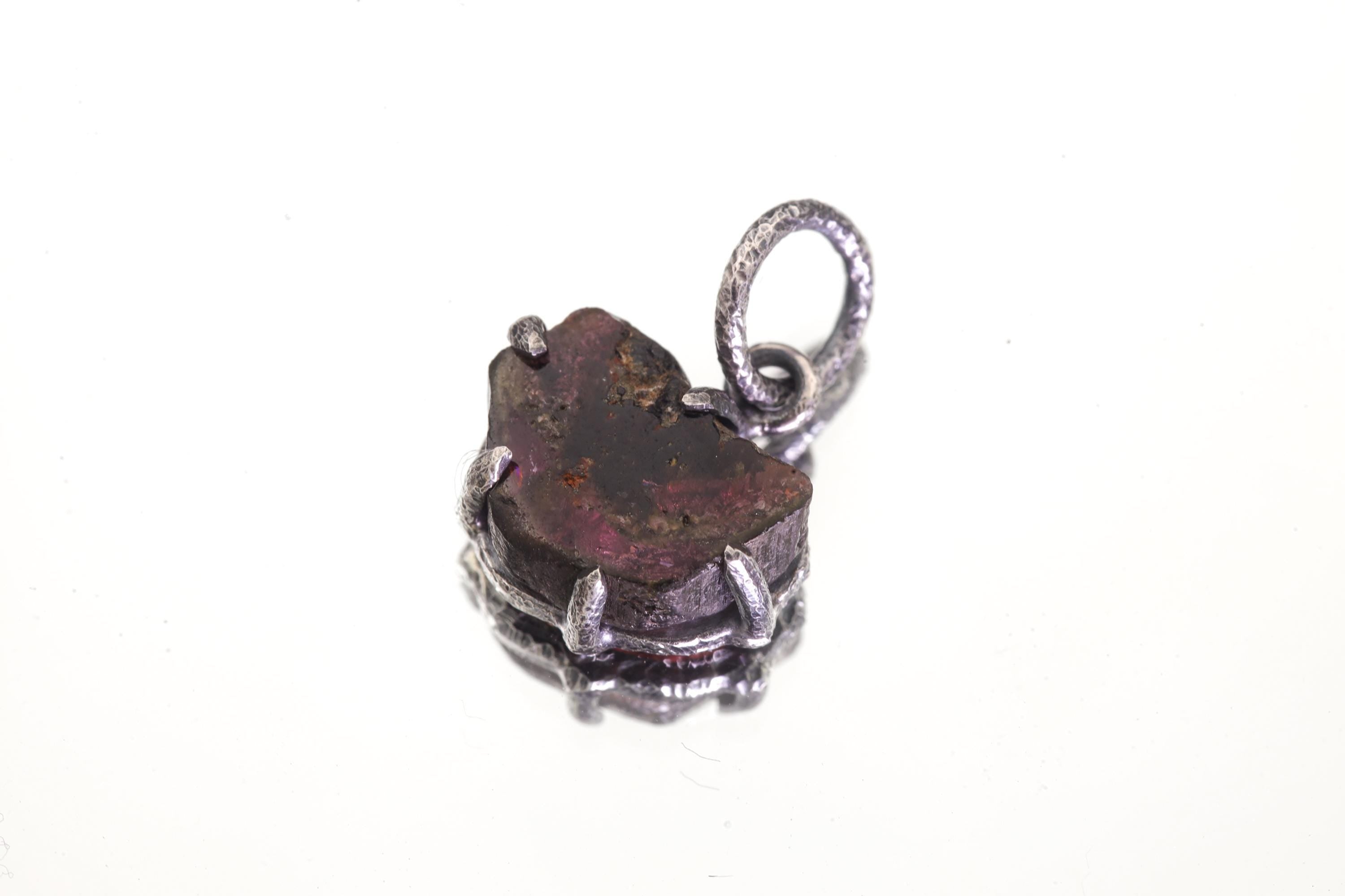 Polished slice of Natural Gem Pink Tourmaline (Rubellite) Wand Pendant, 925 Sterling Silver, Oxidized Hammer Texture, Crystal Jewelry Gift