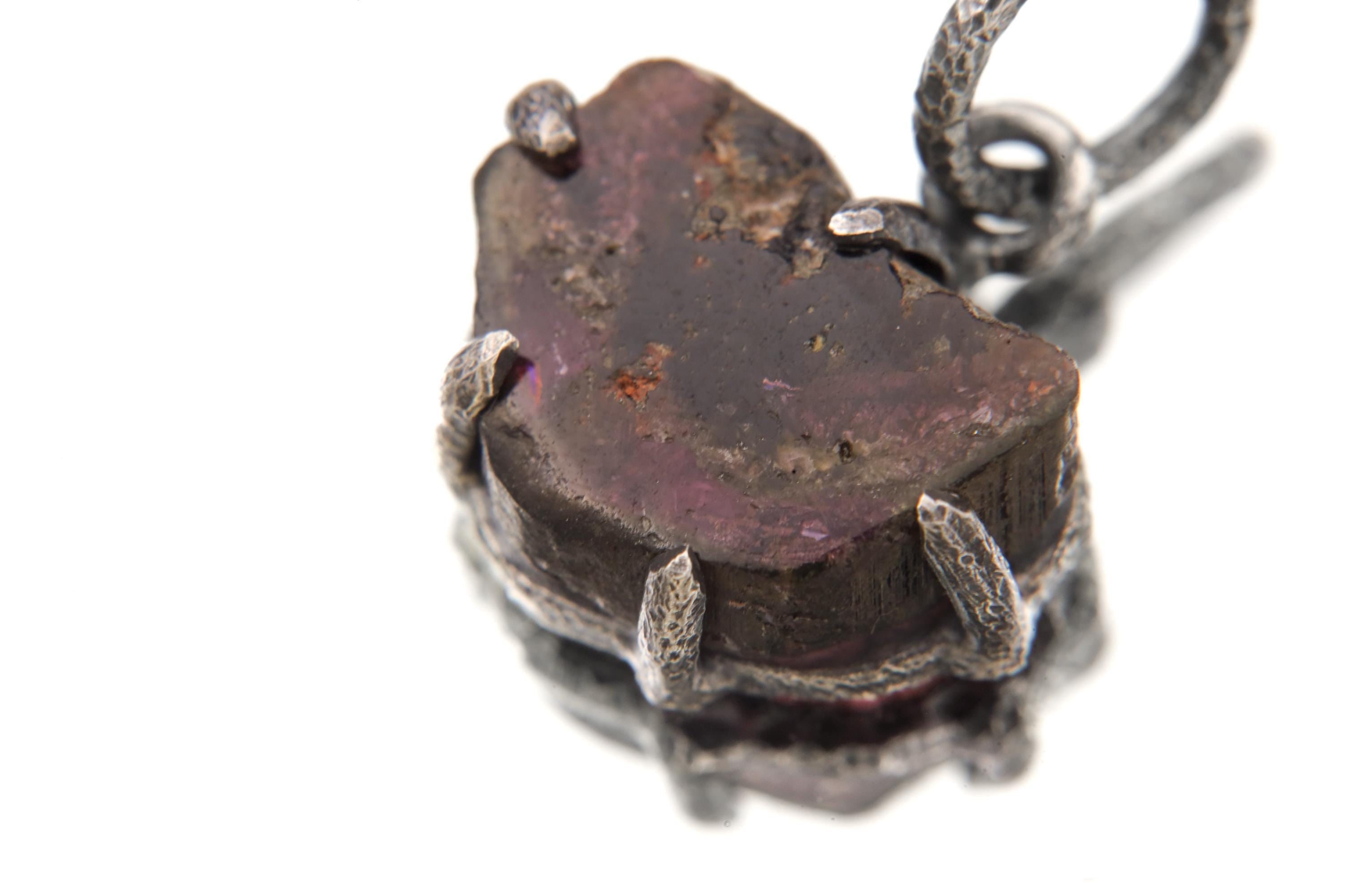 Polished slice of Natural Gem Pink Tourmaline (Rubellite) Wand Pendant, 925 Sterling Silver, Oxidized Hammer Texture, Crystal Jewelry Gift