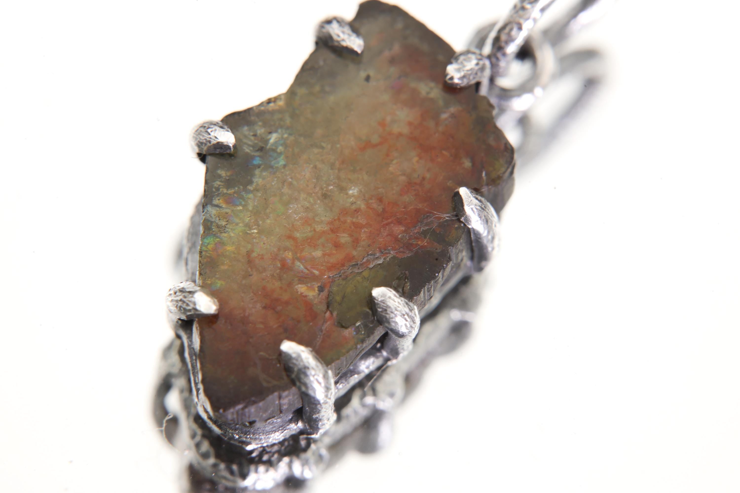 Polished Slice of Natural Watermelon Tourmaline Wand with Darker Rind Pendant, 925 Sterling Silver, Hammer Textured Oxidized, Claw Setting