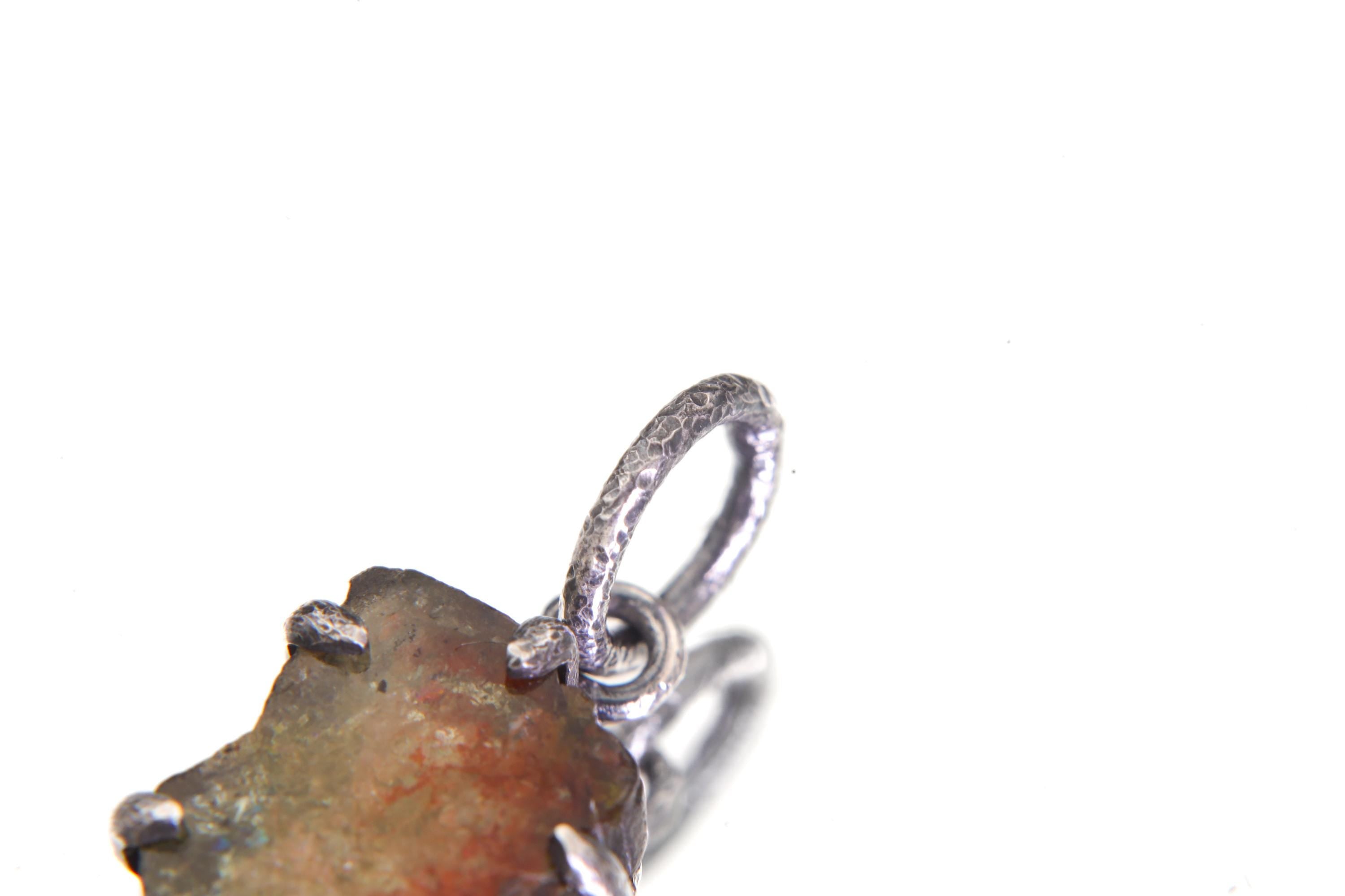 Polished Slice of Natural Watermelon Tourmaline Wand with Darker Rind Pendant, 925 Sterling Silver, Hammer Textured Oxidized, Claw Setting