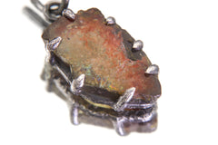 Polished Slice of Natural Watermelon Tourmaline Wand with Darker Rind Pendant, 925 Sterling Silver, Hammer Textured Oxidized, Claw Setting