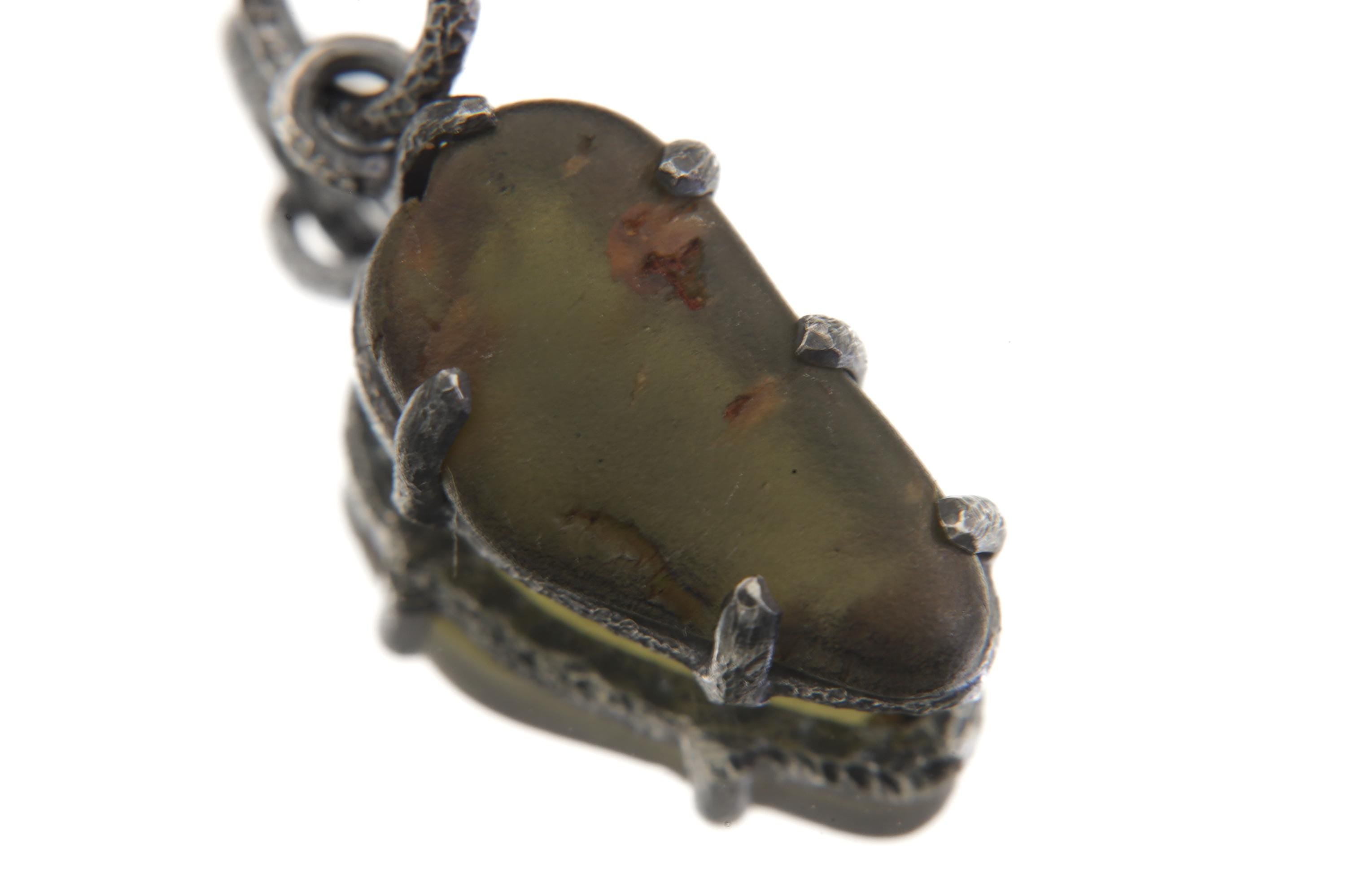 Australian River Tumbled Natural Gem Peridot Pendant, Sterling Silver,Claw Setting, Hammer Textured Oxidized Finish, Heart Chakra Jewelry