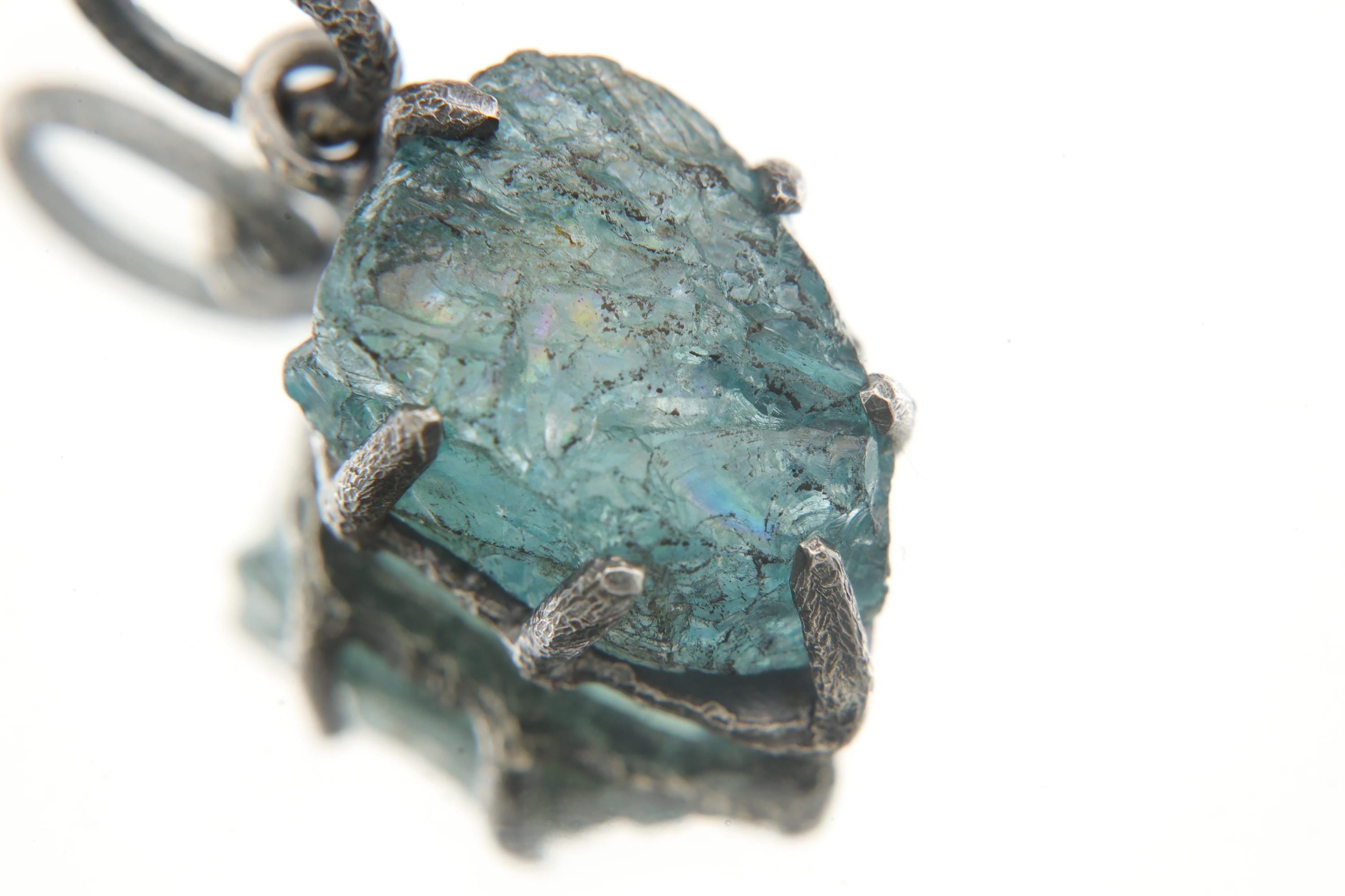 Aqua Blue Facet Grade Natural Gem Aquamarine Chunk, Sterling Silver Pendant, Claw Setting, Hammer Textured & Oxidized, Healing Crystal Gift