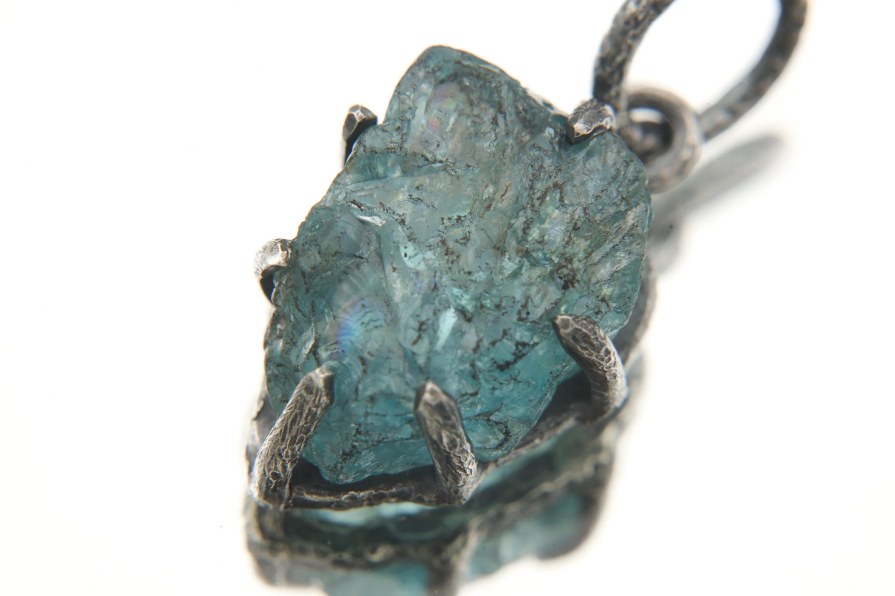Aqua Blue Facet Grade Natural Gem Aquamarine Chunk, Sterling Silver Pendant, Claw Setting, Hammer Textured & Oxidized, Healing Crystal Gift