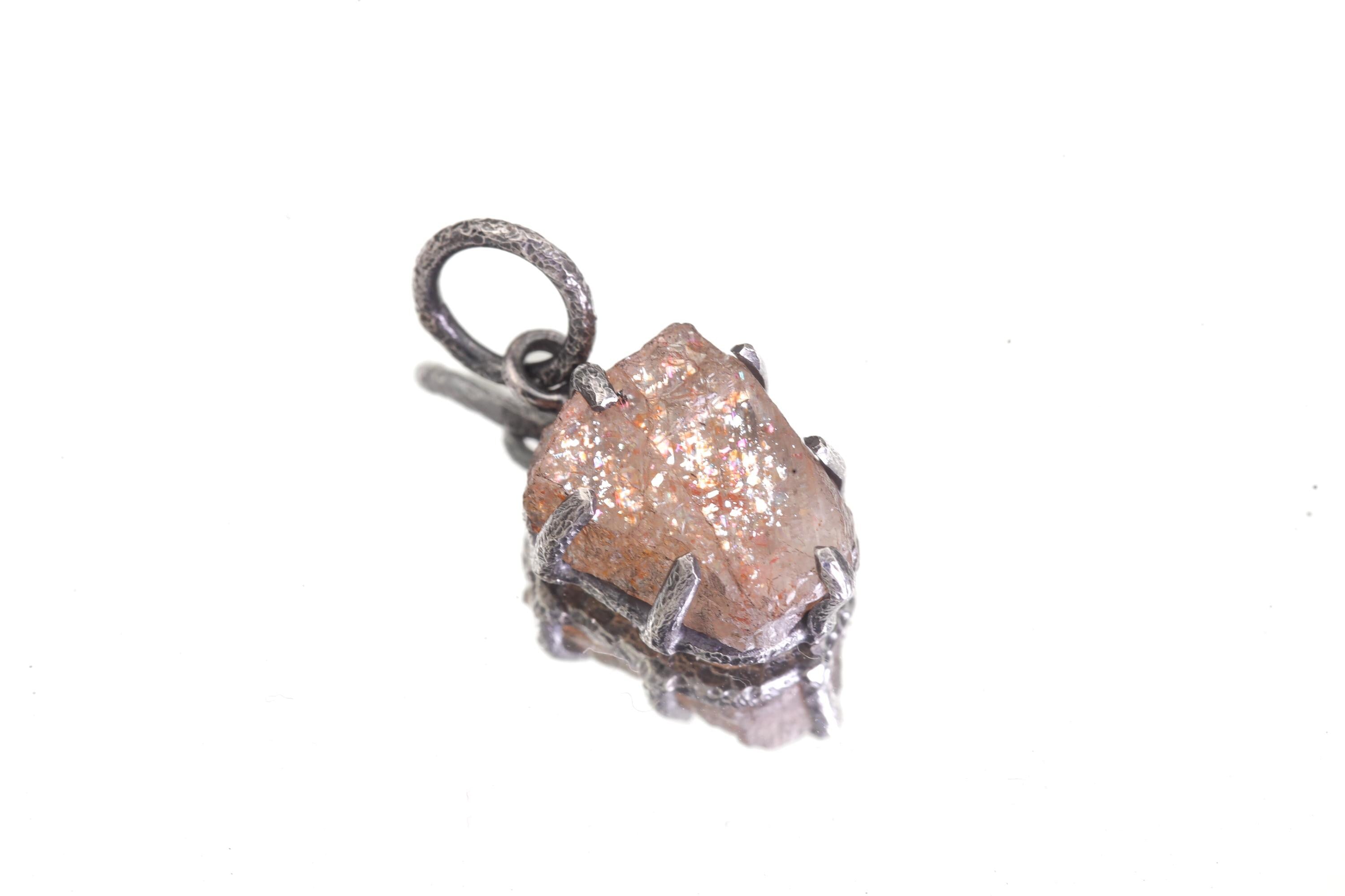 Raw Sunstone Pendant, Hammered Sterling Silver Claw Setting, Healing Jewelry