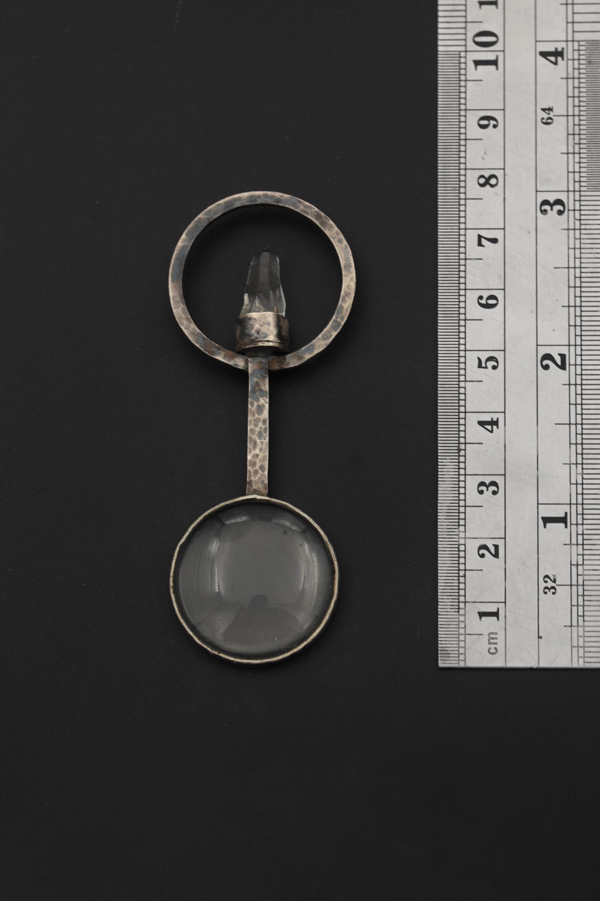 Himalayan Lemurian Laser Quartz Pendant, 925 Silver Functional Jewelry, 5x Magnifying Glass Fire Starter, Hammered Oxidized Silver