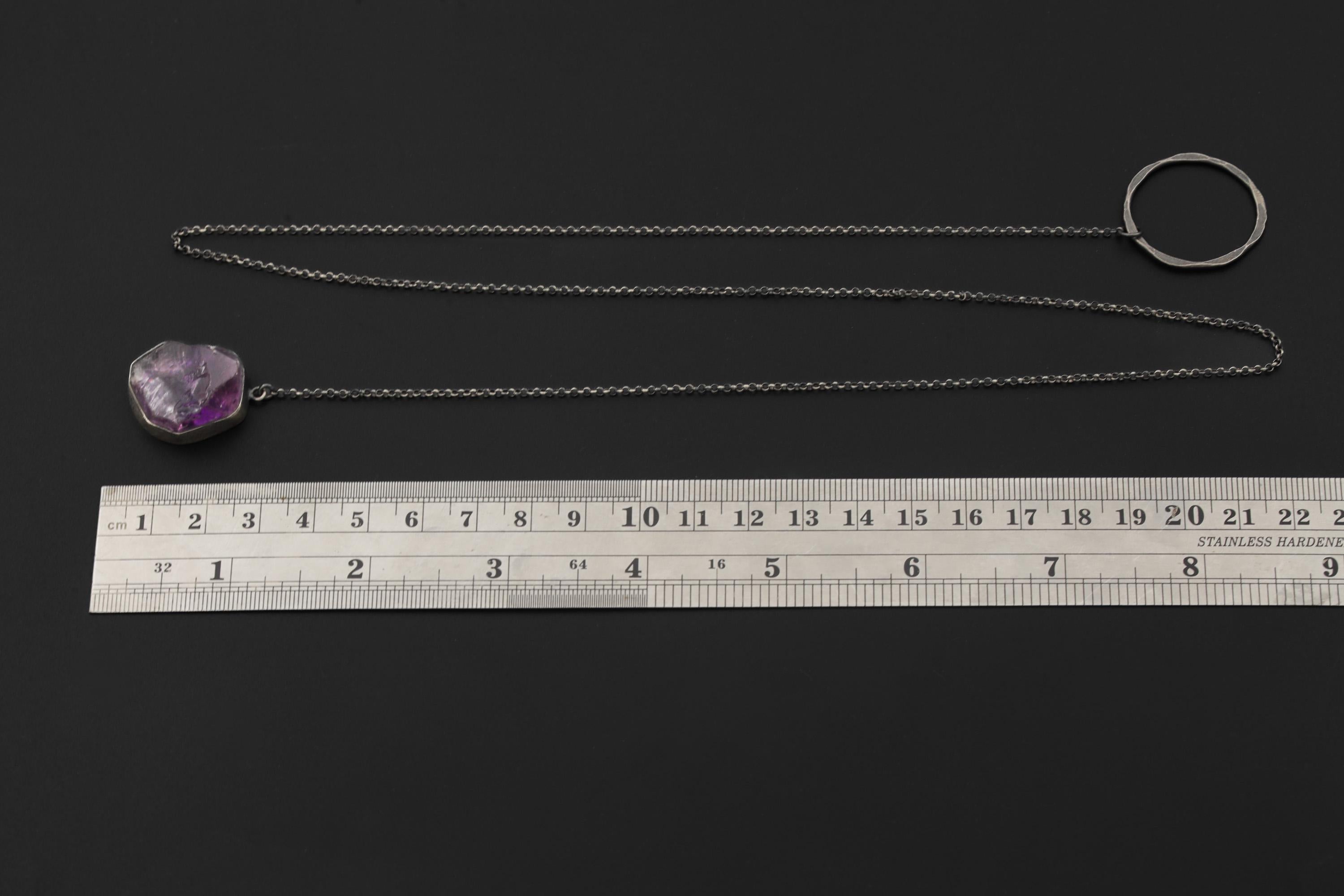 Raw Amethyst lariat necklace shown beside a ruler for approximately 32 inch chain length reference.