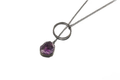 Amethyst Noose Necklace, 925 Oxidized Silver, Raw Crystal Pendant, Unique Loop Chain, Brushed Texture, Modern Spiritual Jewelry