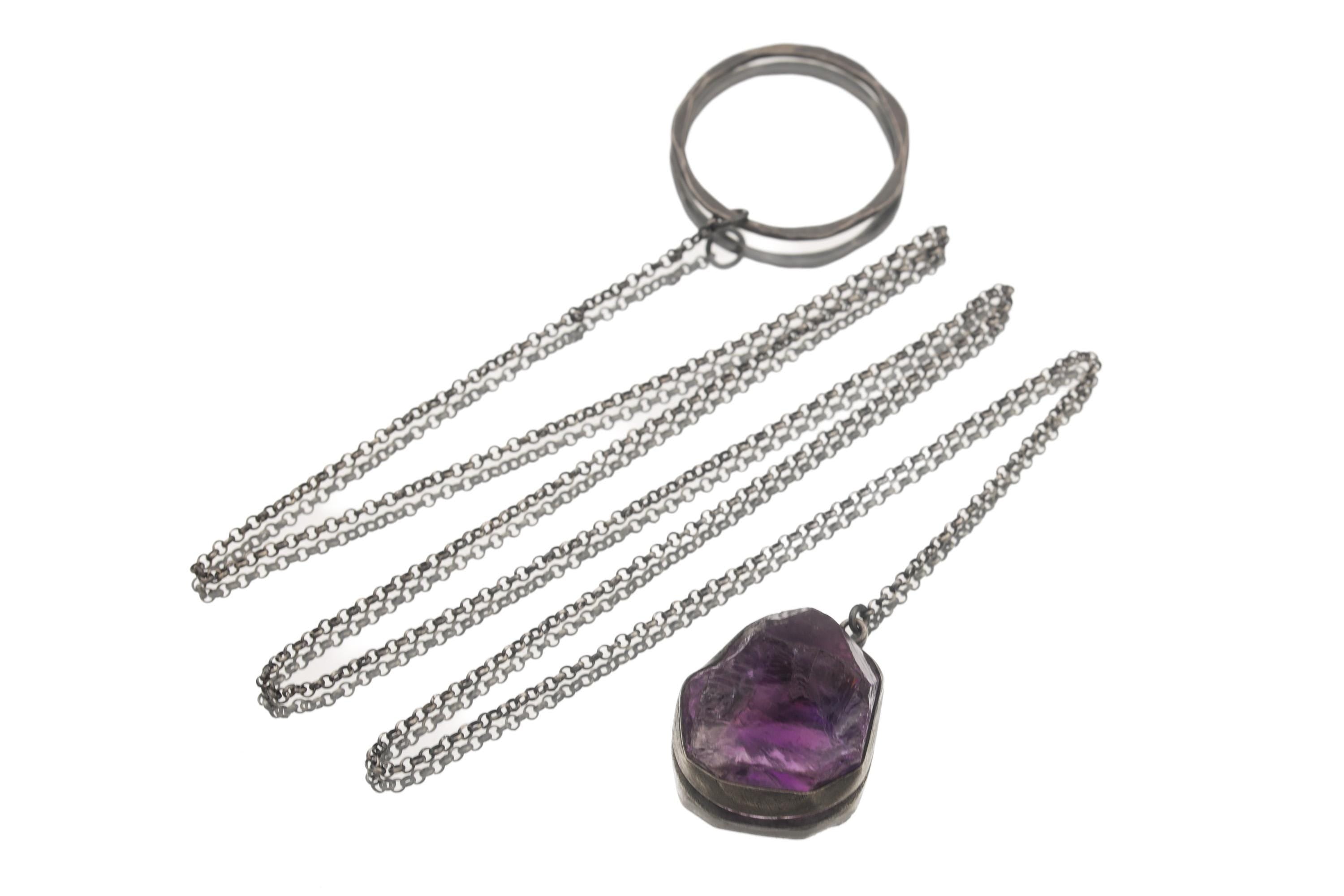 Amethyst Noose Necklace, 925 Oxidized Silver, Raw Crystal Pendant, Unique Loop Chain, Brushed Texture, Modern Spiritual Jewelry