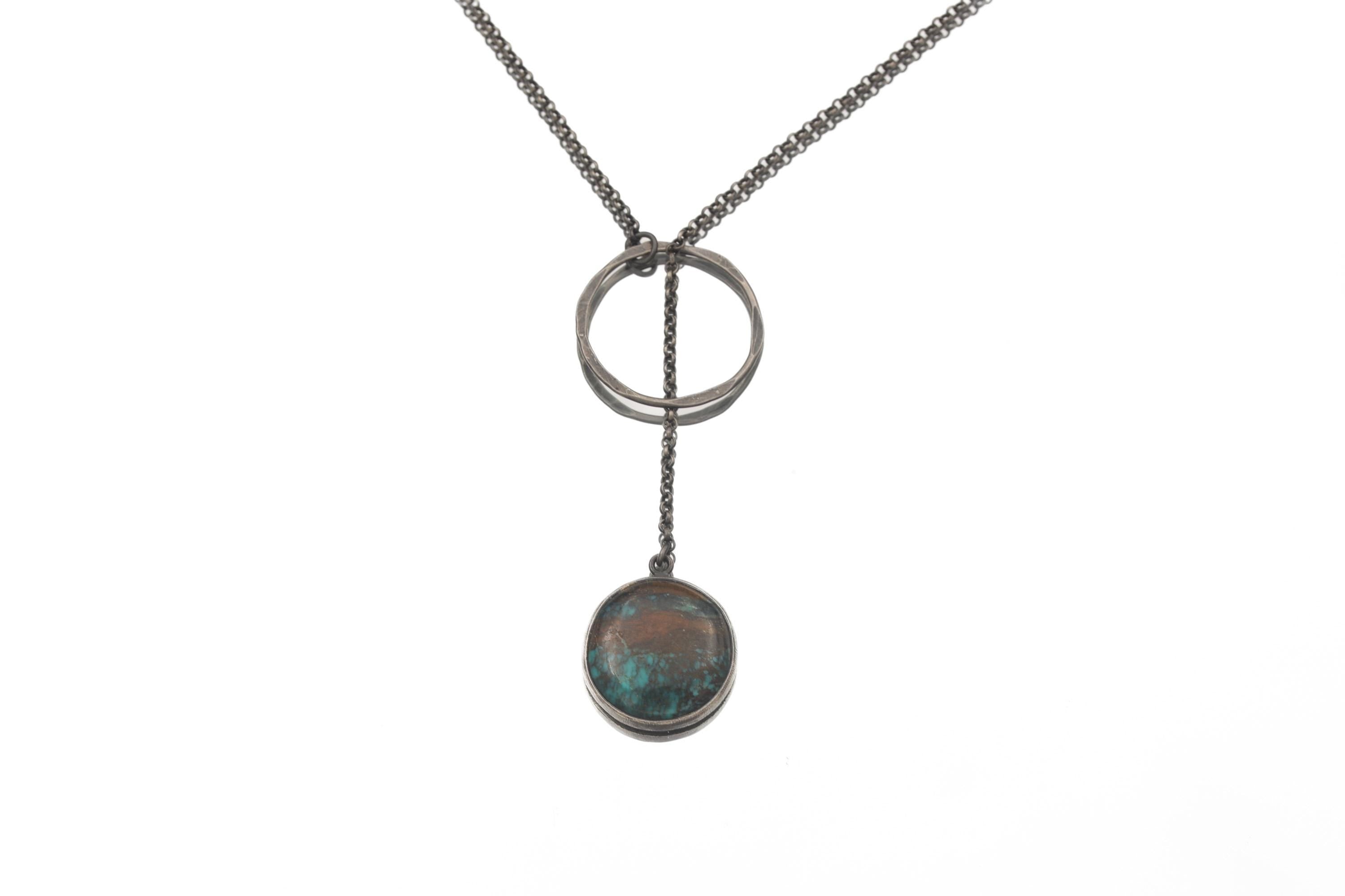 Turquoise Pendant Necklace, Oxidized 925 Silver, Adjustable Boho Jewelry