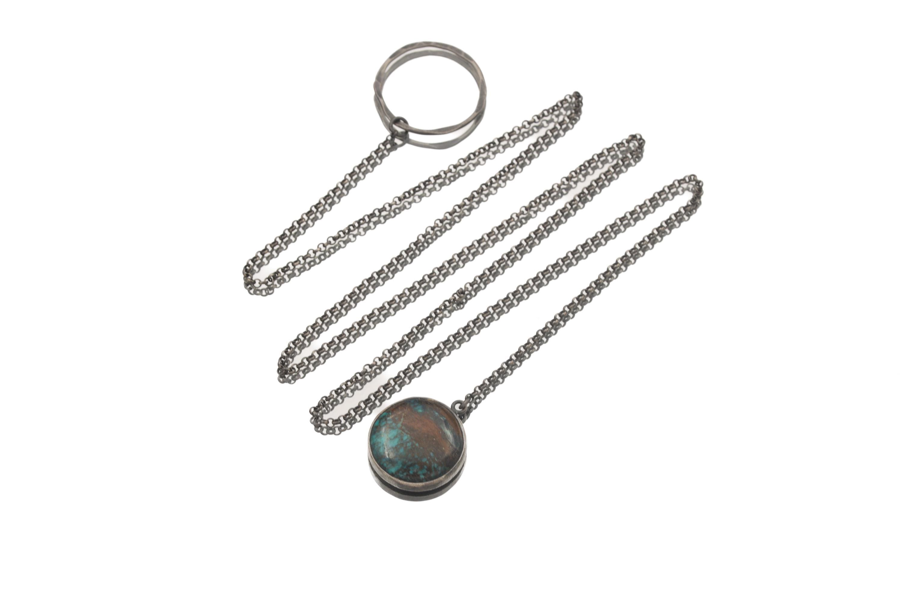 Turquoise Noose Necklace, 925 Oxidized Silver, Round Gem Pendant, Adjustable Loop Chain, Brushed Finish, Boho Spiritual Jewelry