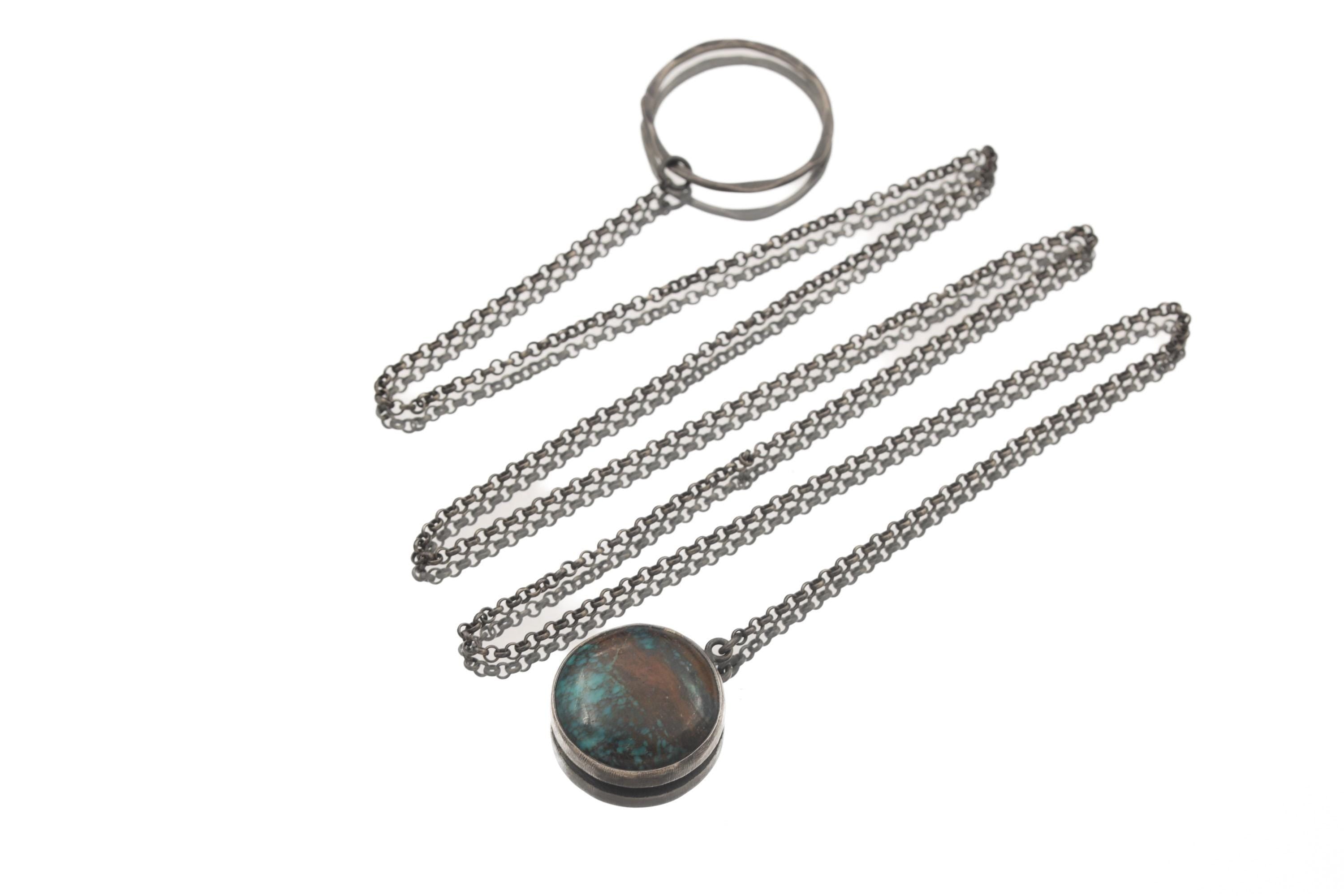 Turquoise Noose Necklace, 925 Oxidized Silver, Round Gem Pendant, Adjustable Loop Chain, Brushed Finish, Boho Spiritual Jewelry