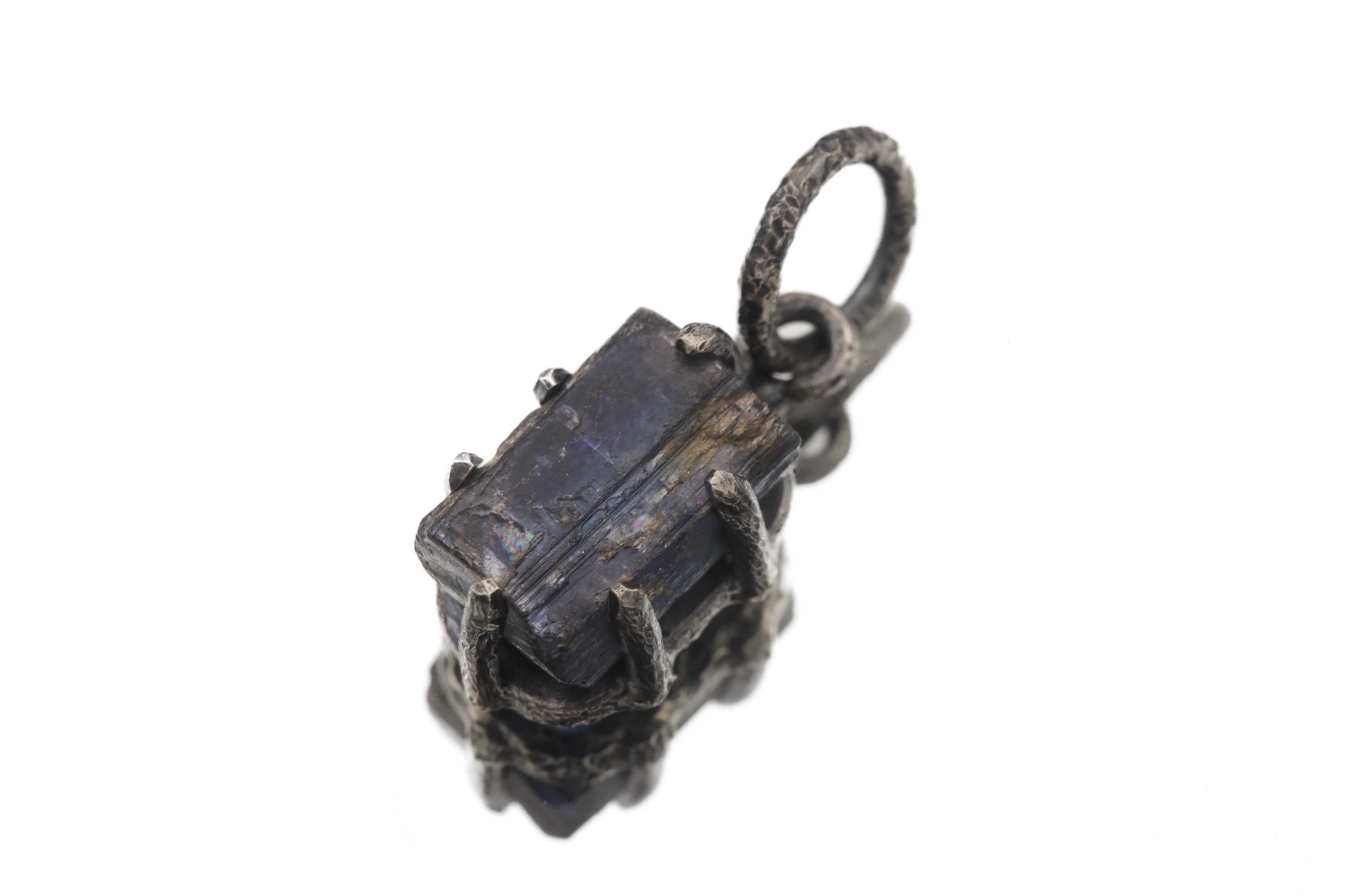 Ocean Kyanite Pendant, Hammered Sterling Silver, Boho Healing Crystal