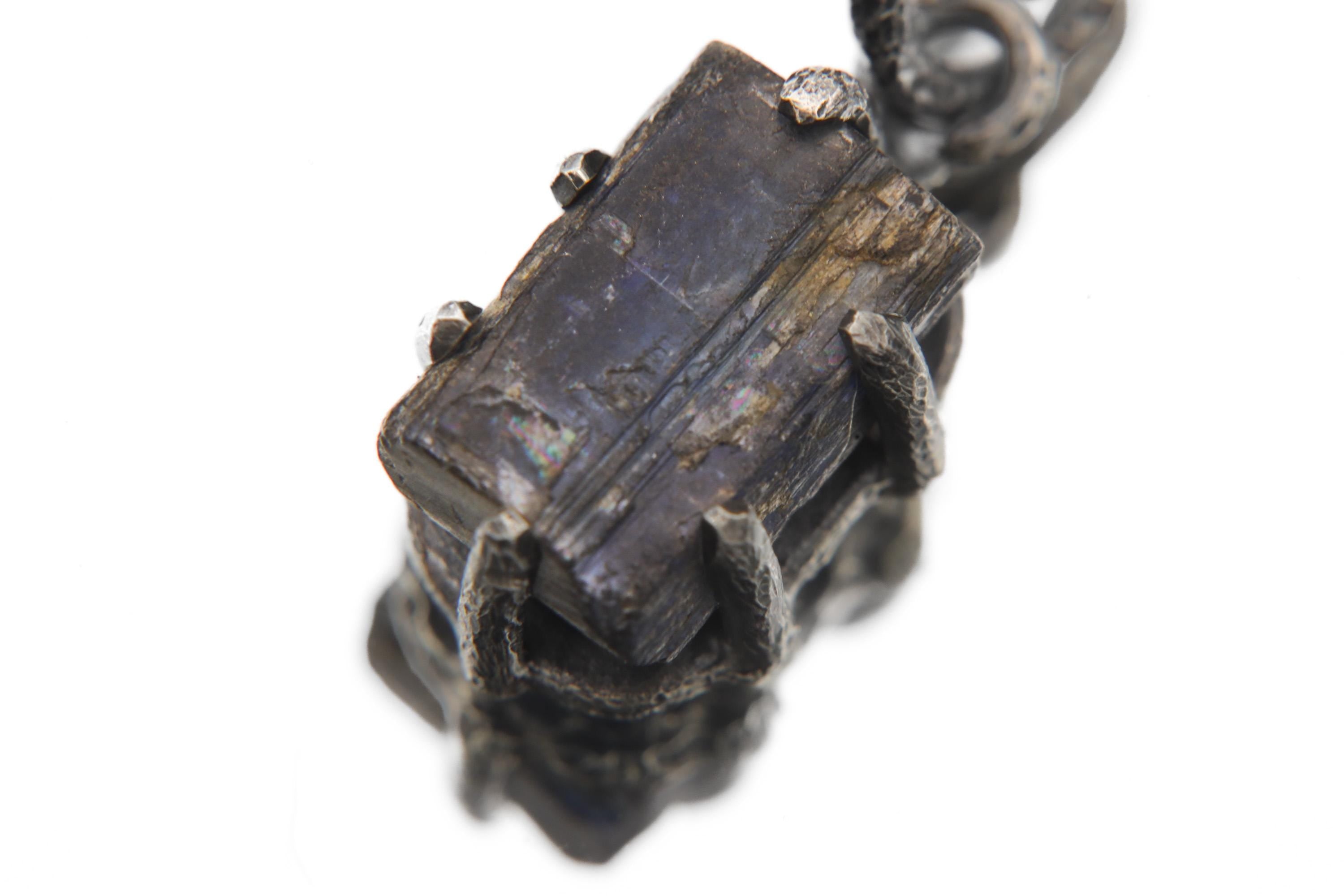 Ocean Kyanite Pendant, 925 Silver, Hammer Texture, Oxidized Finish, Claw Setting, Round Bail, Throat Chakra, Boho Healing Crystal Pendant