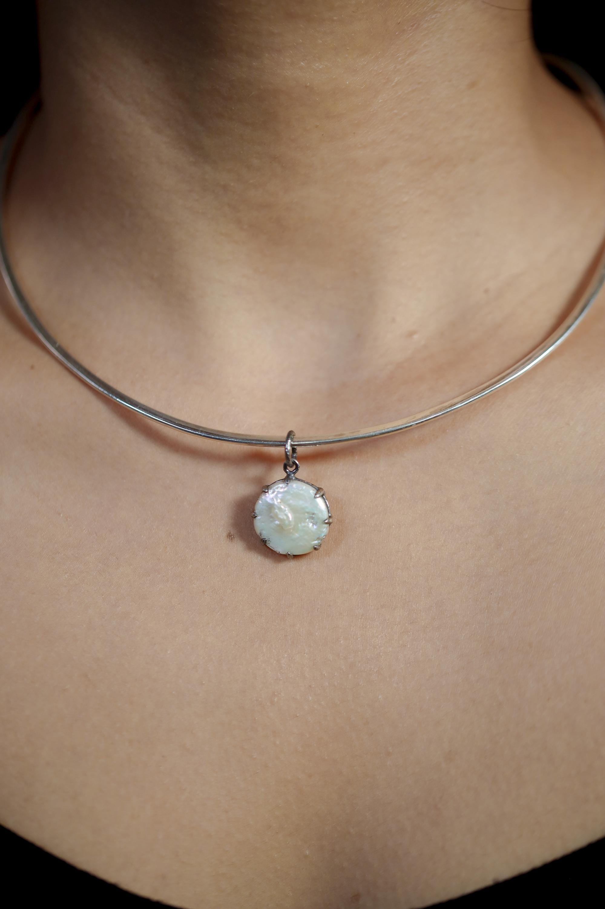 Round Pearl Disk Pendant, Natural Farmed Pearl, 925 Silver, Hammer Texture, Oxidized Finish, Moon Energy, June Birthstone Jewelry