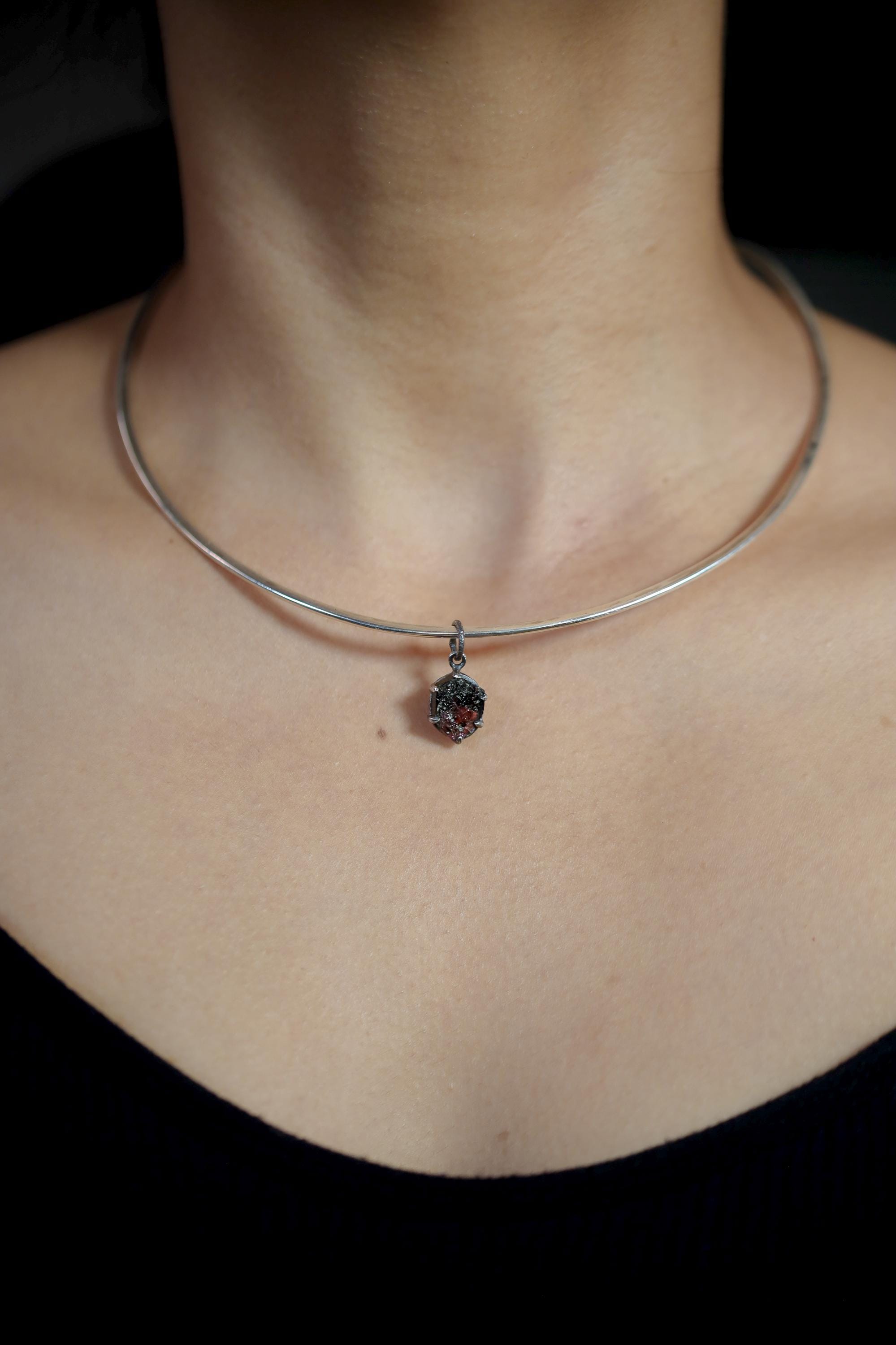 Rubellite Tourmaline Pendant, Hexagonal Slice, Oxidized Sterling Silver